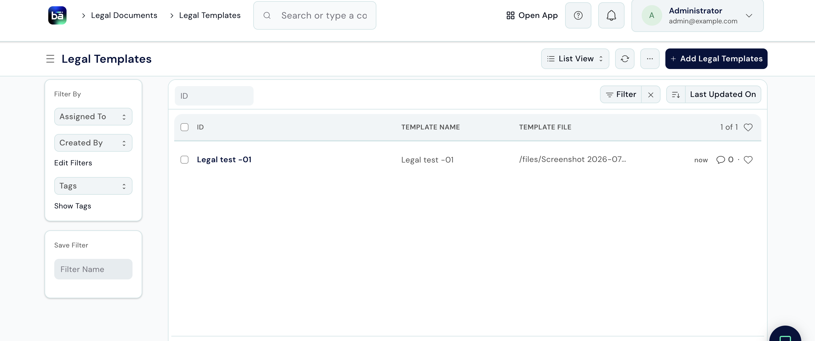 Legal Templates list view showing ID, Template Name, and Template File columns