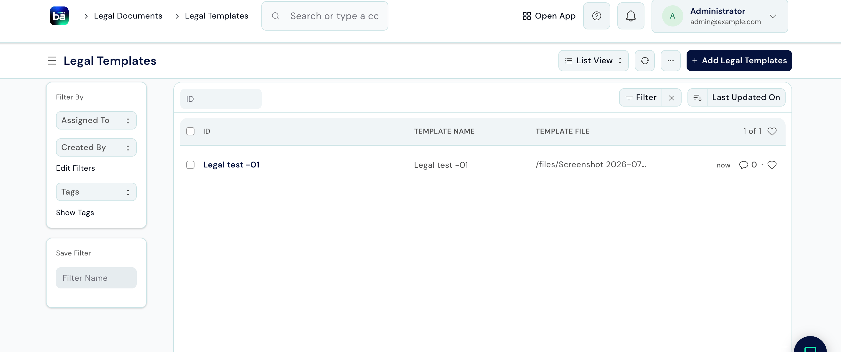 Legal Templates list view showing ID, Template Name, and Template File columns