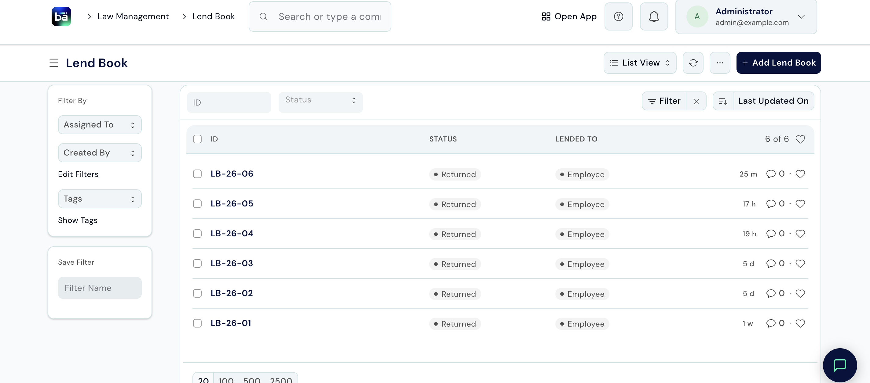 Lend Book list view showing ID, Status, and Lended To columns, with example records in Returned status