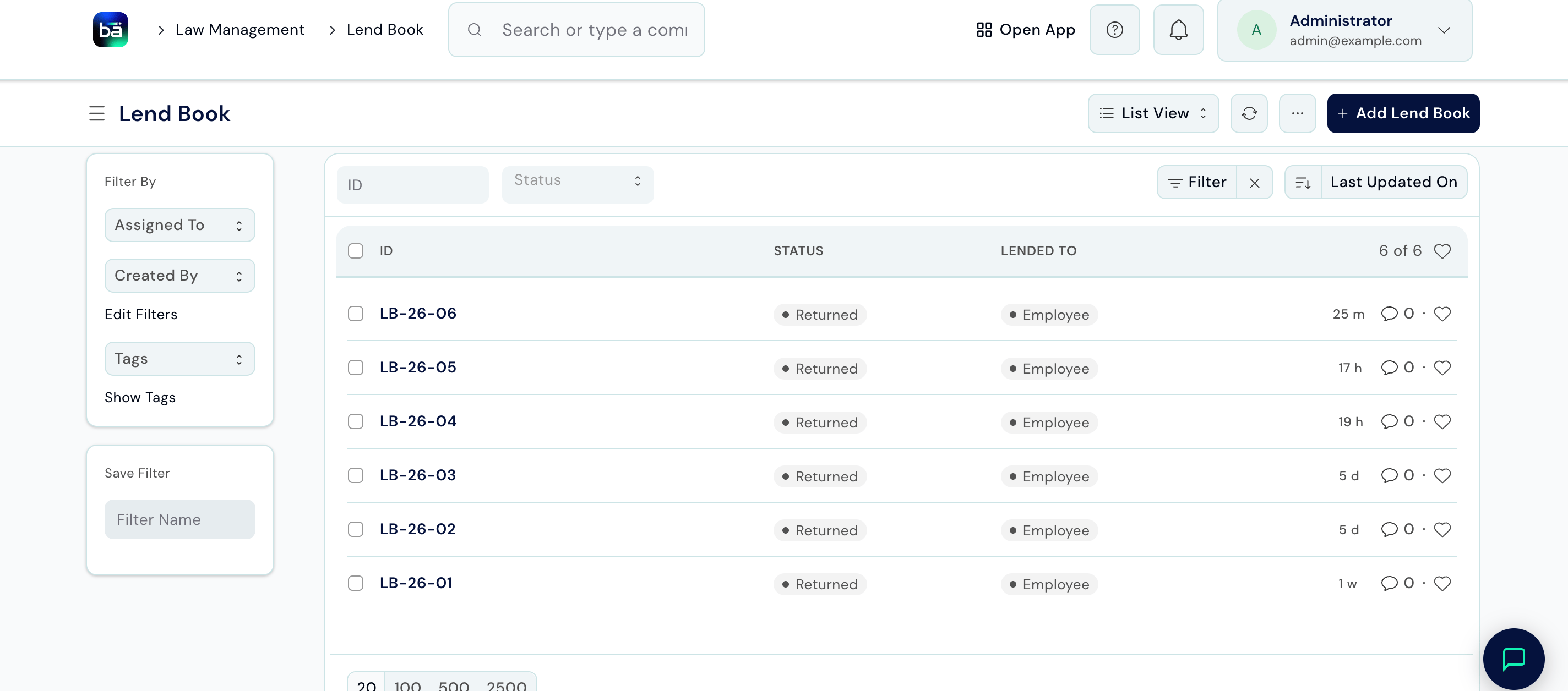 Lend Book list view showing ID, Status, and Lended To columns, with example records in Returned status