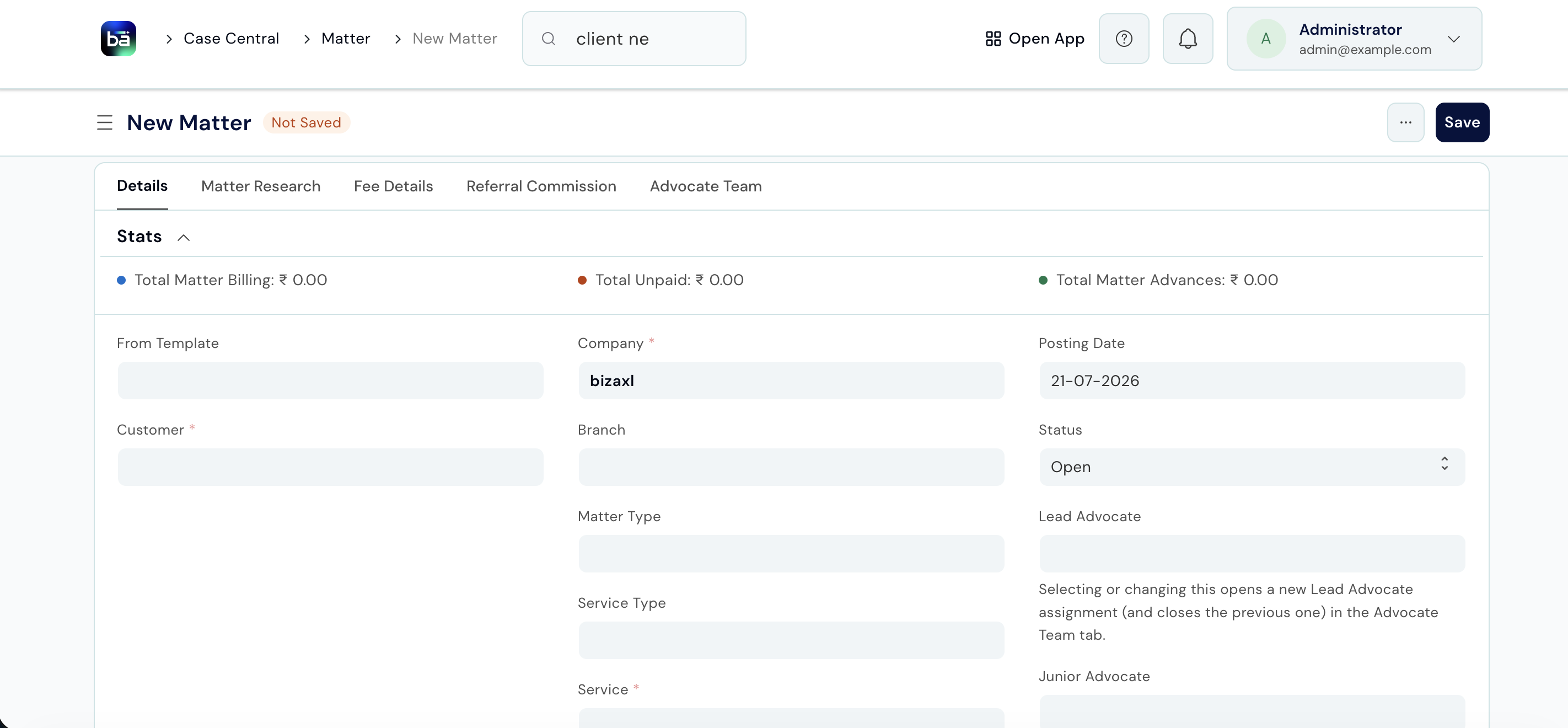 Matter form showing Client, Matter Type, Service Type, Service, File Type, Status, and date fields