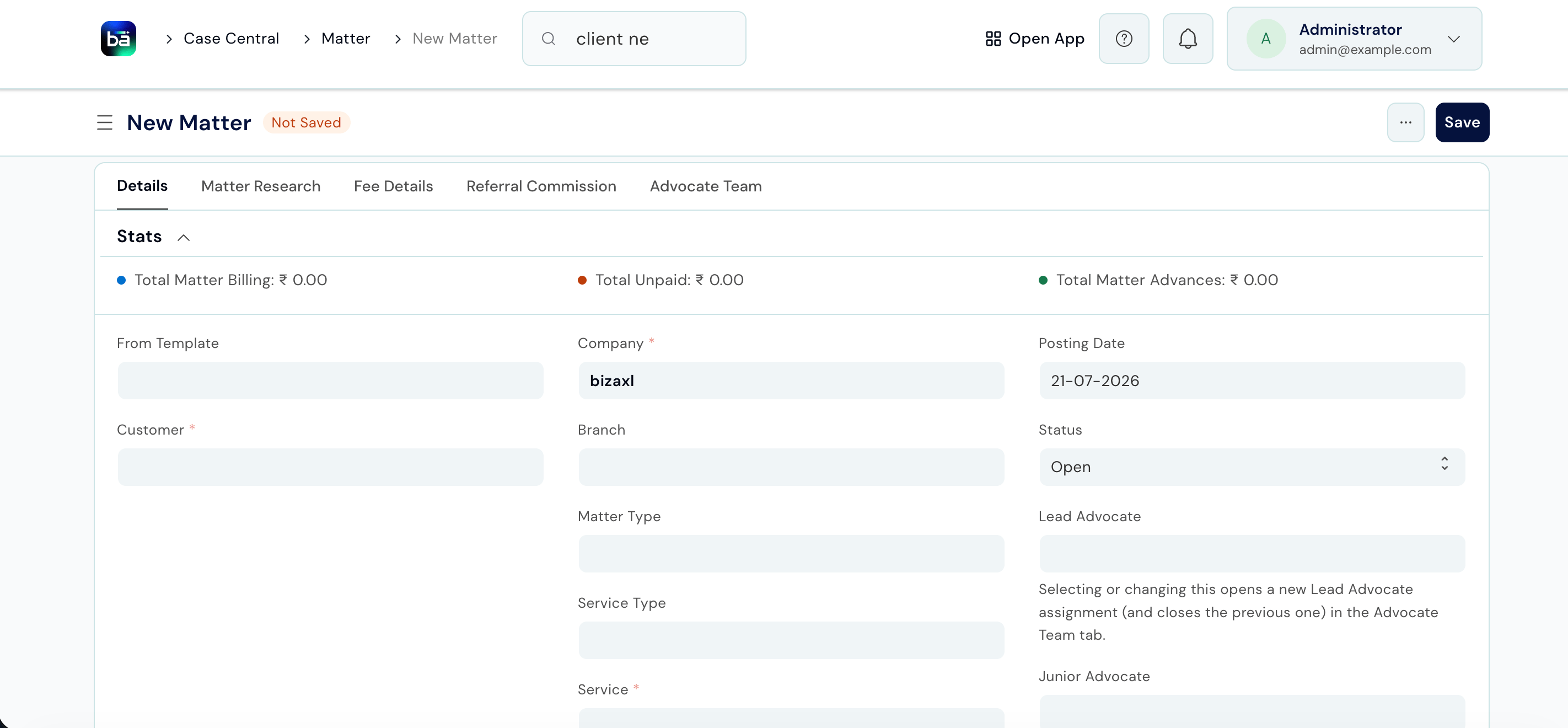 Matter form showing Client, Matter Type, Service Type, Service, File Type, Status, and date fields