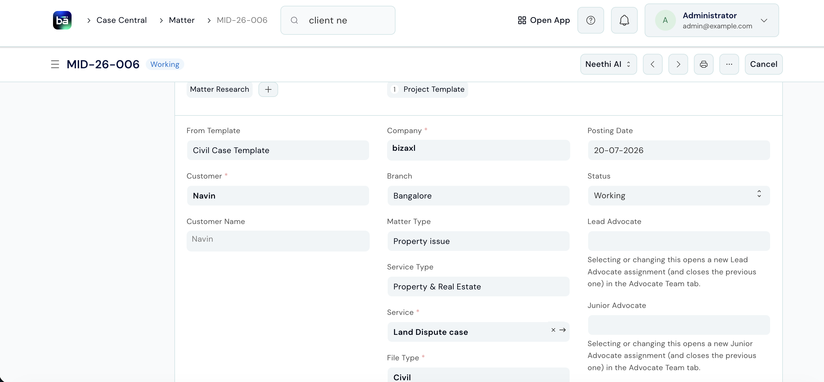 Saved matter record showing client name, matter type, service, and Open status