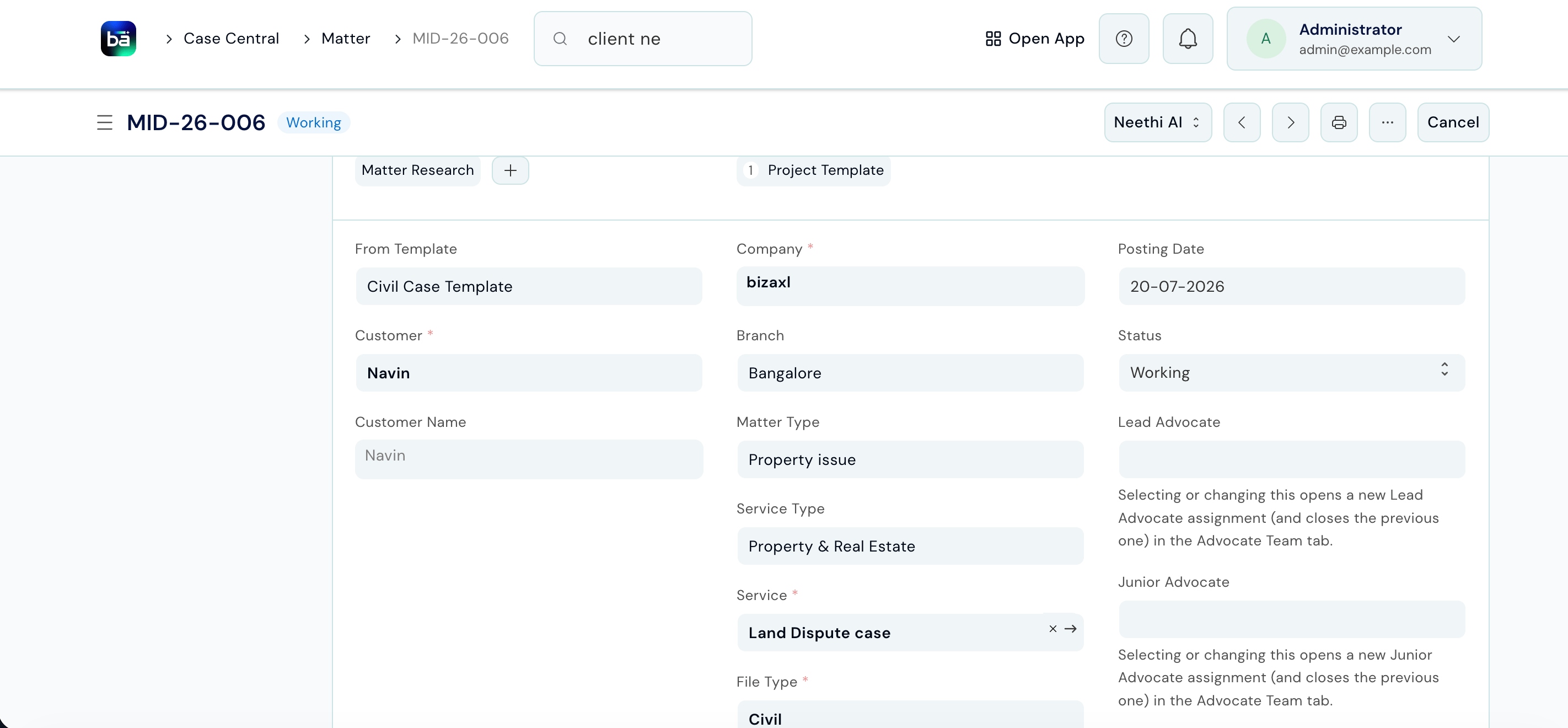 Saved matter record showing client name, matter type, service, and Open status