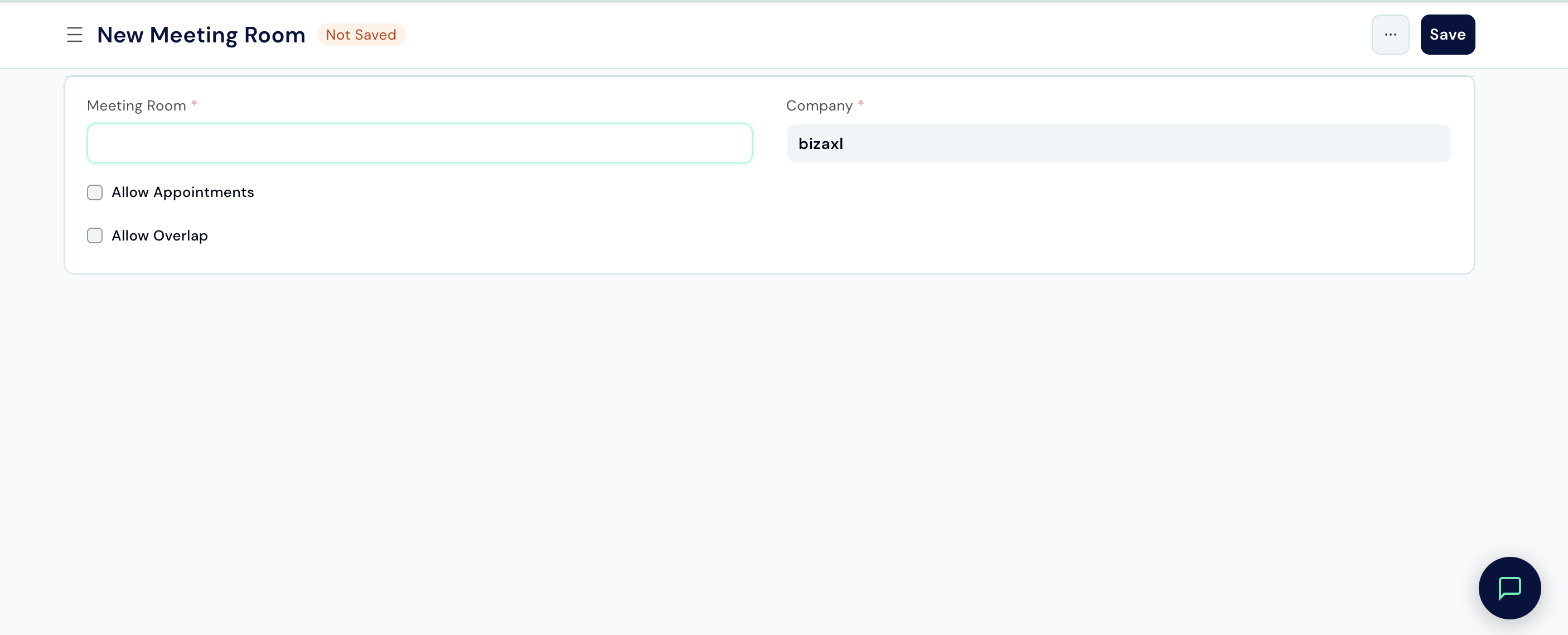 Meeting Room form showing room name, company, capacity, and appointment settings