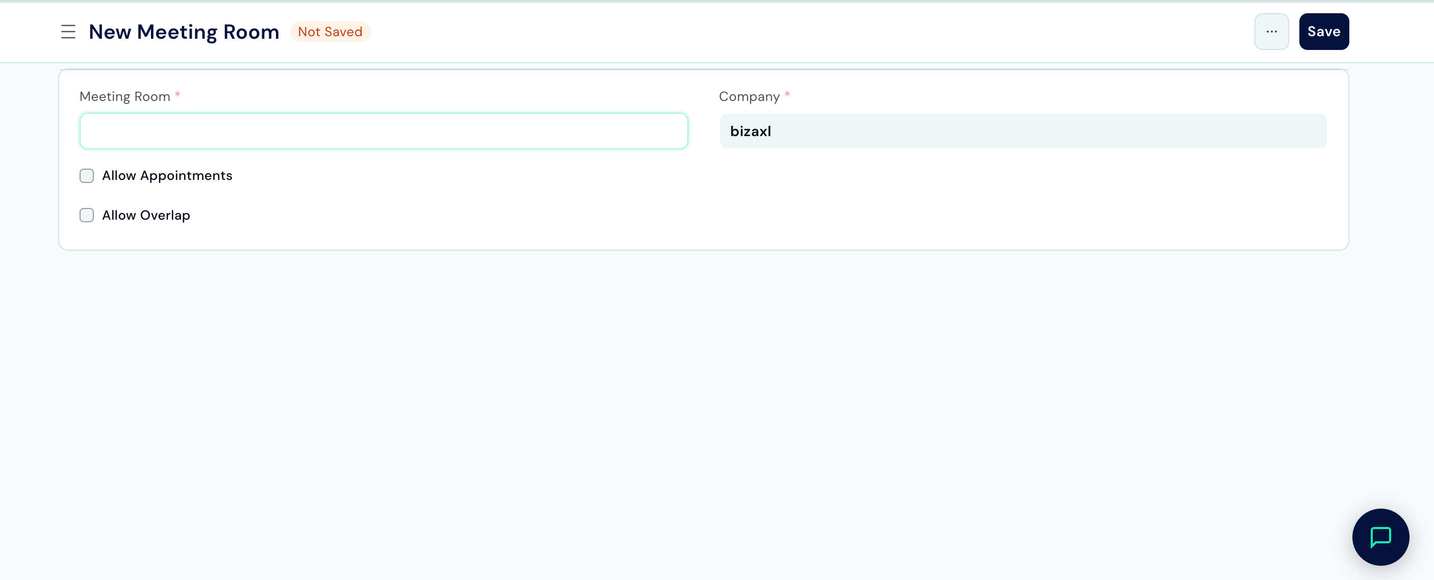 Meeting Room form showing room name, company, capacity, and appointment settings