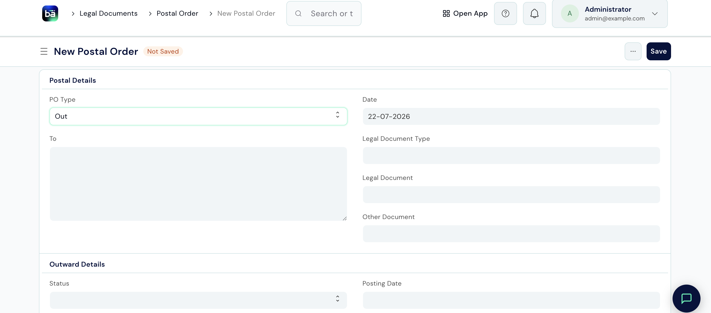 New Postal Order form showing PO Type, Date, To, Legal Document Type, Legal Document, Other Document, Status, and Posting Date fields