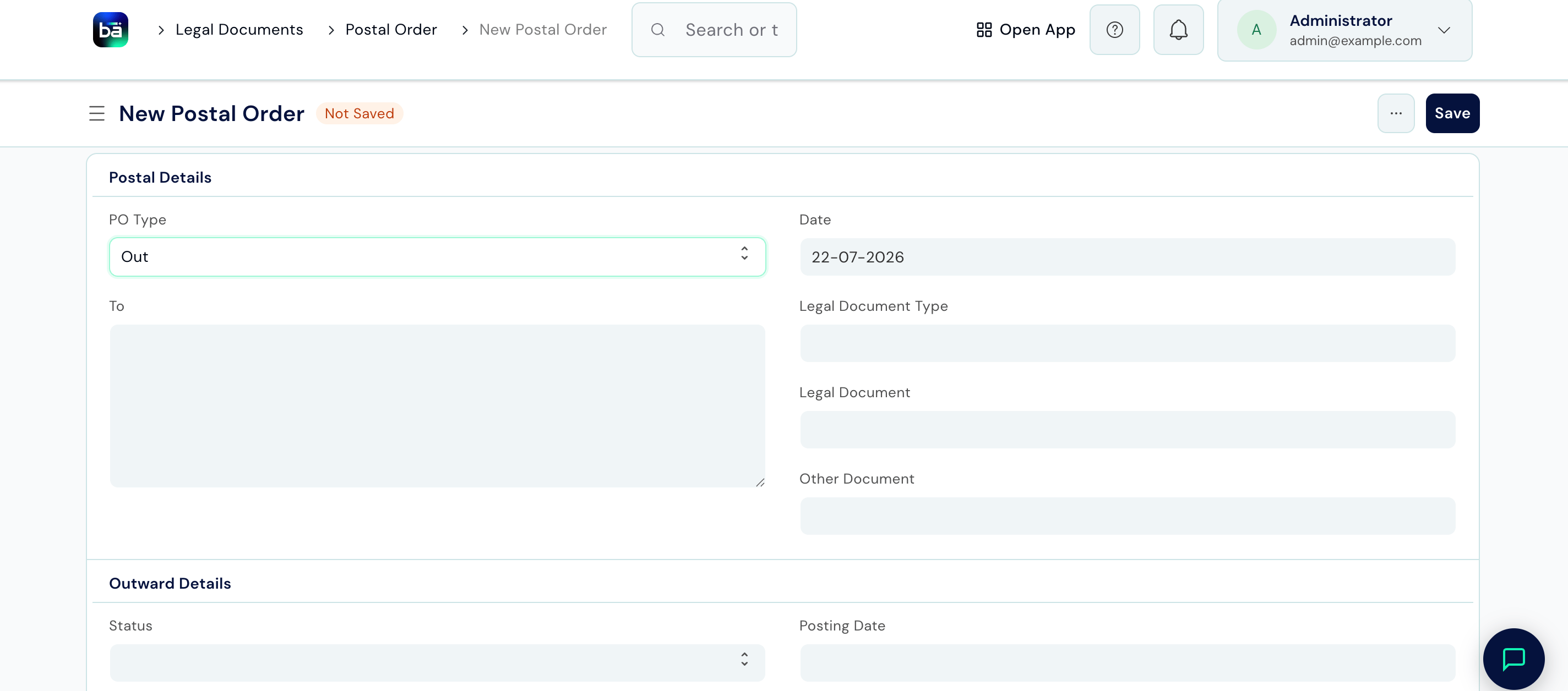 New Postal Order form showing PO Type, Date, To, Legal Document Type, Legal Document, Other Document, Status, and Posting Date fields