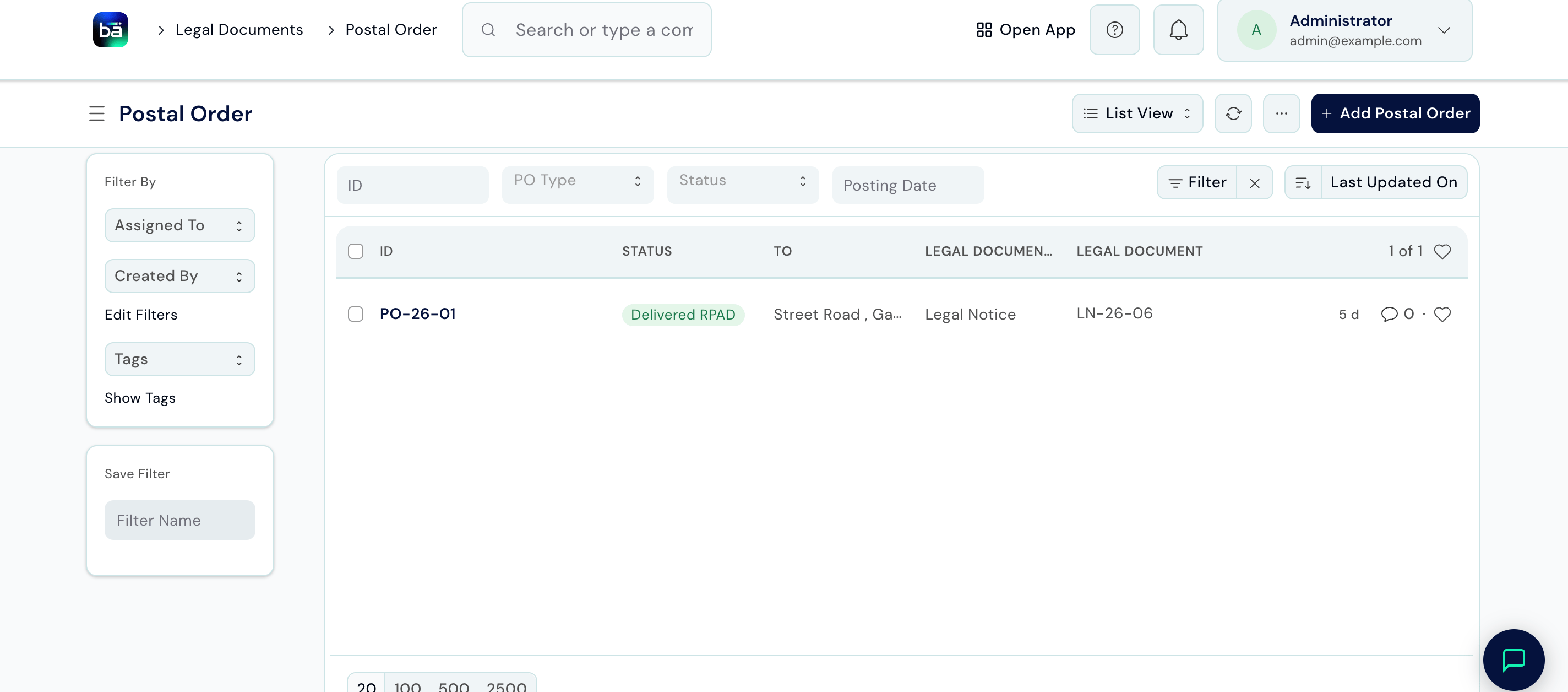 Postal Order list view showing ID, Status, To, Legal Document Type, and Legal Document columns
