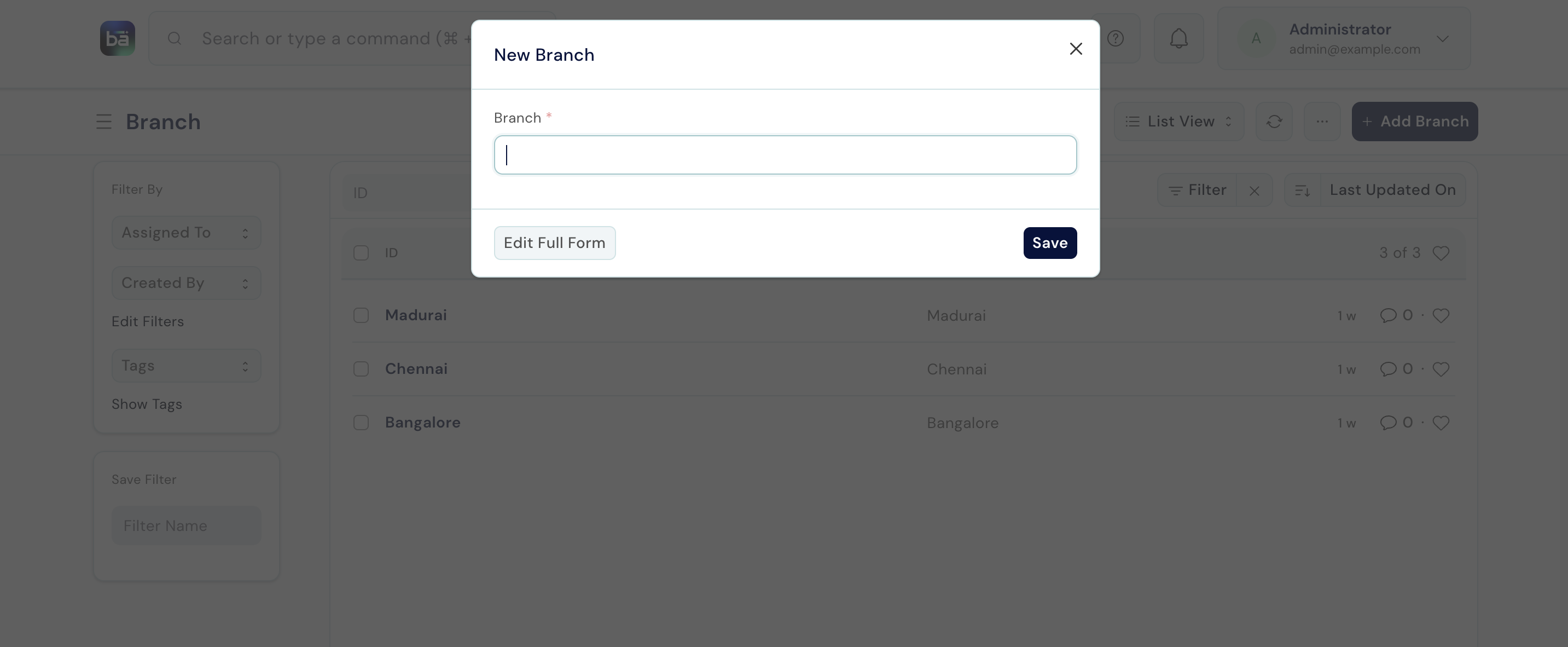Branch form showing Branch name and Company fields