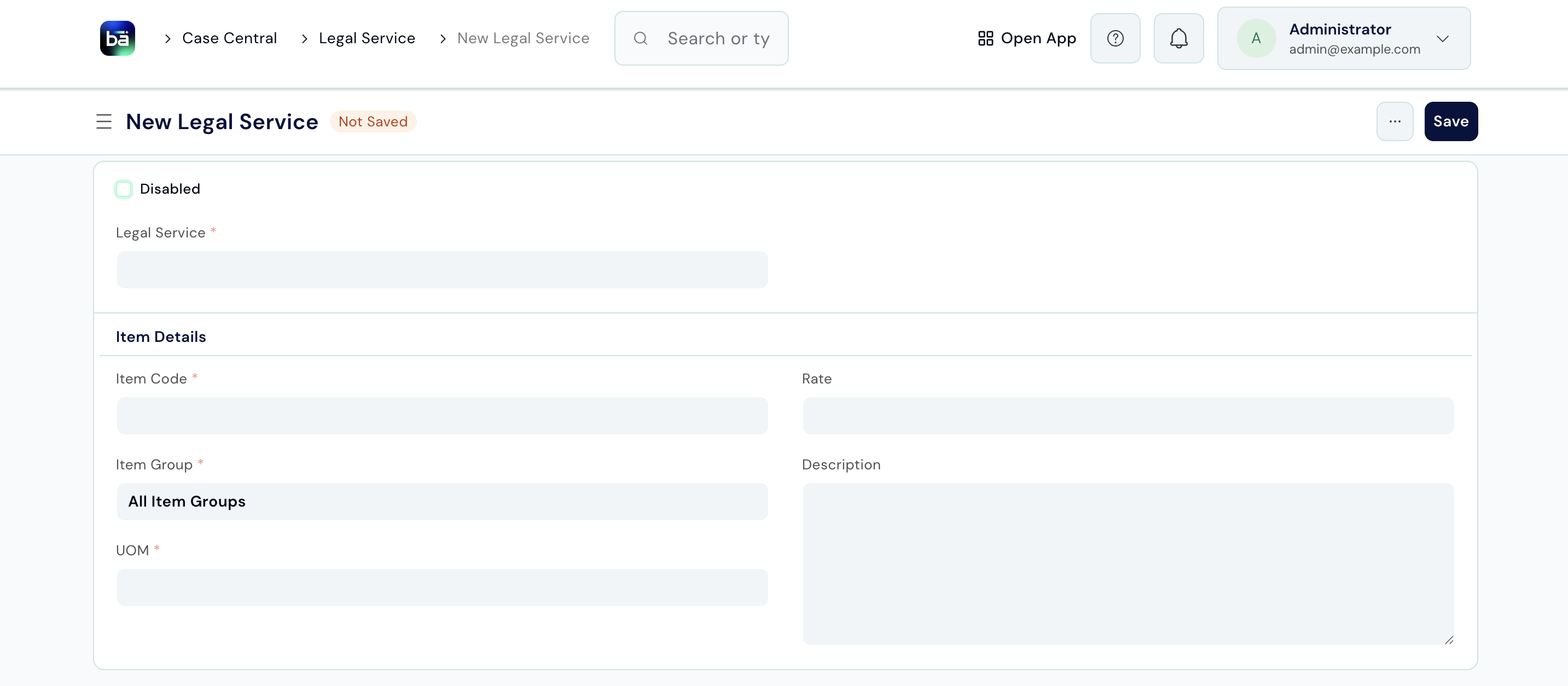 Legal Service form showing service name, description, rate, UOM, and linked BAS item fields