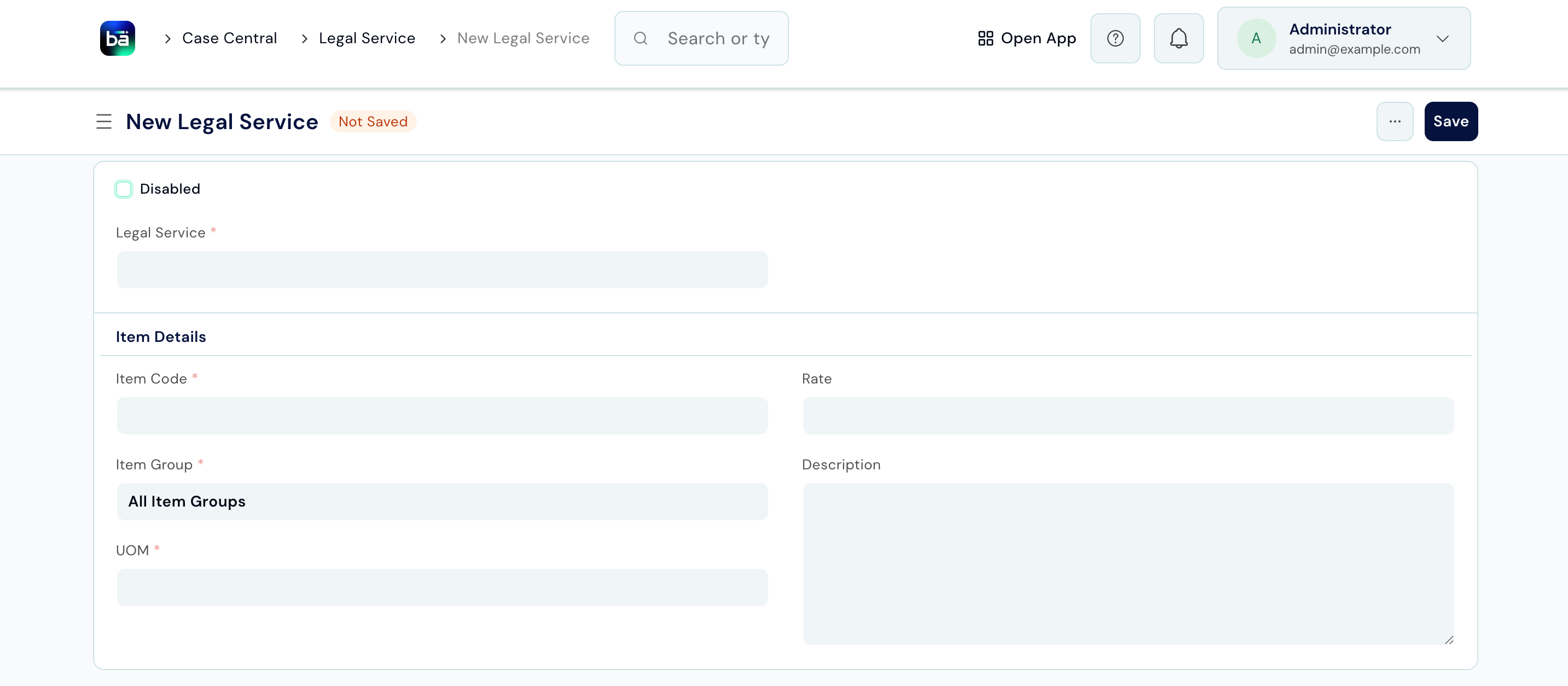 Legal Service form showing service name, description, rate, UOM, and linked BAS item fields