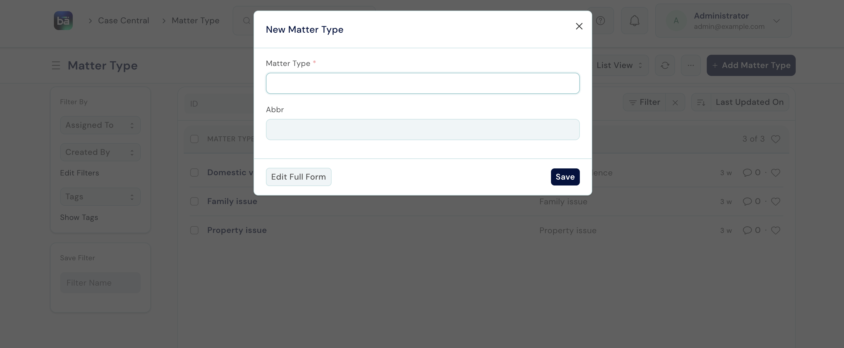 Matter Type form showing Matter Type name and Abbreviation fields