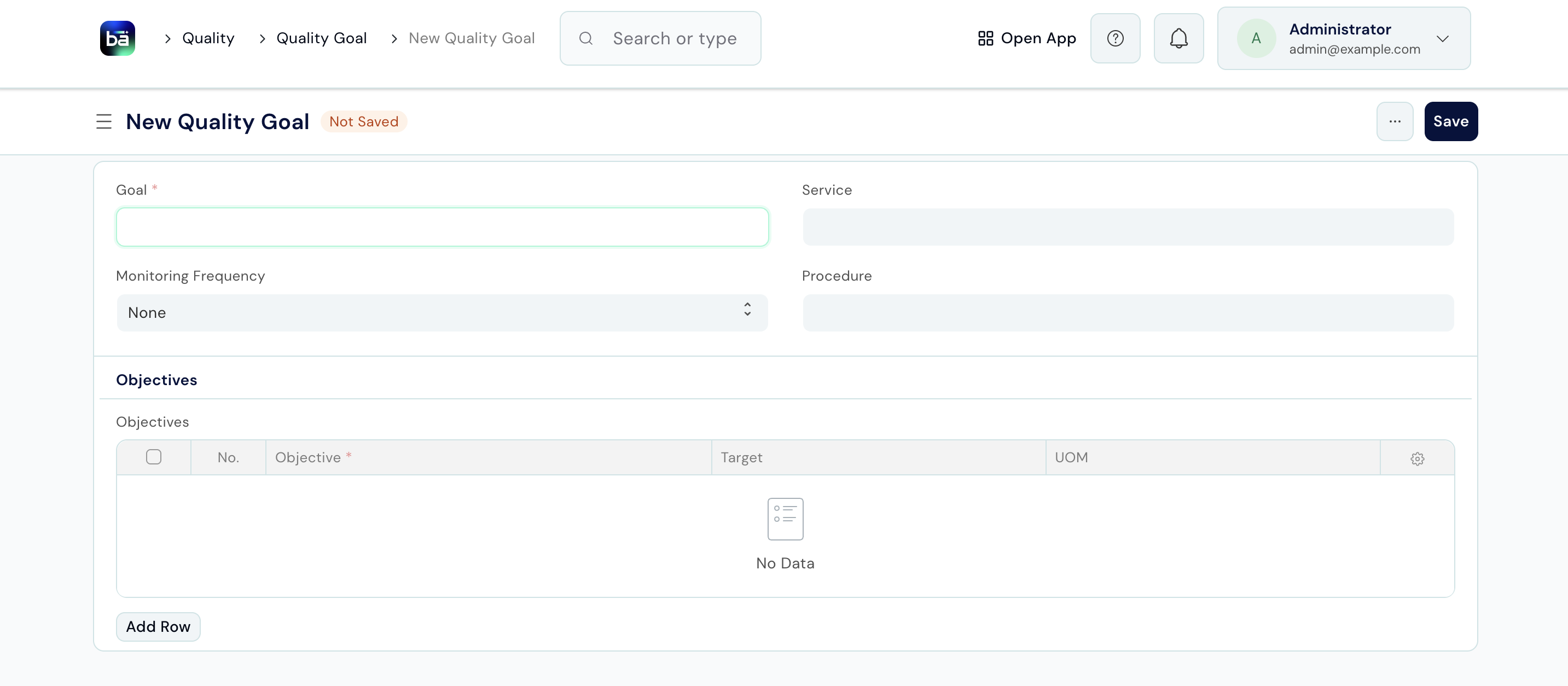 Quality Goal form showing Goal, Monitoring Frequency, and Objectives fields