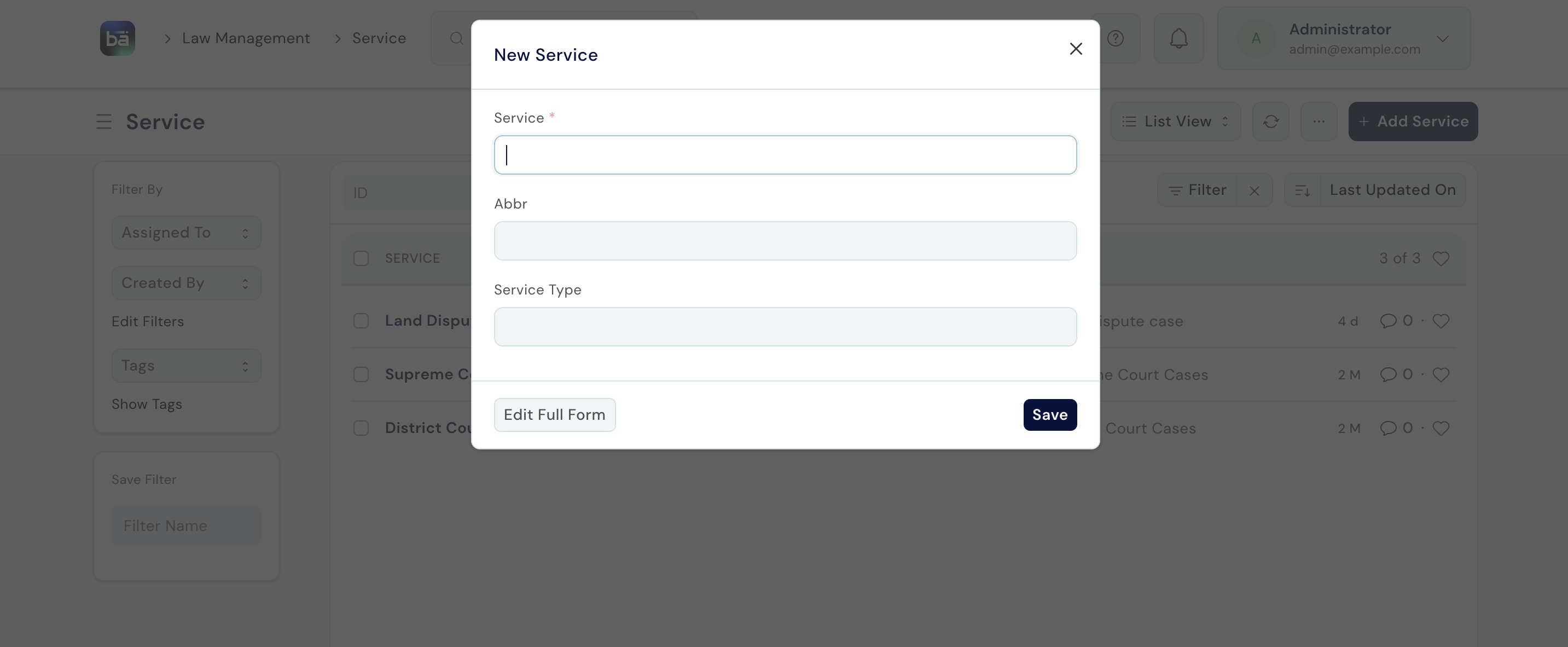 Service form showing Service name, Abbreviation, and Service Type fields