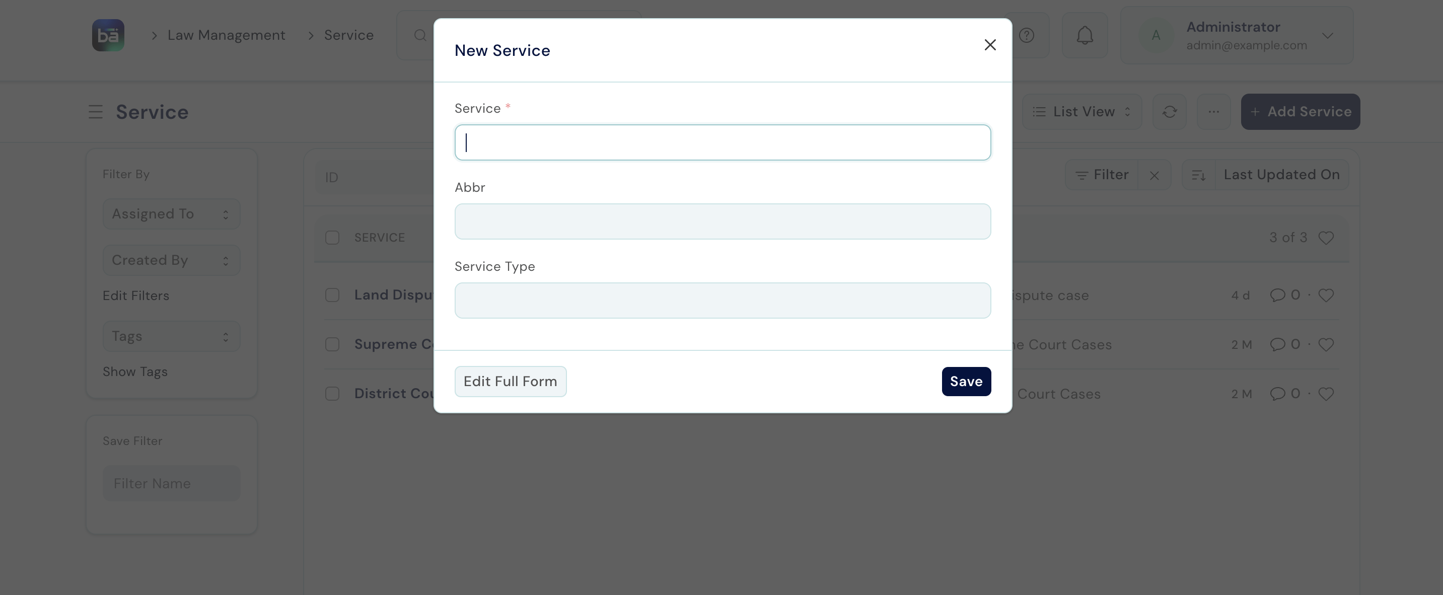 Service form showing Service name, Abbreviation, and Service Type fields