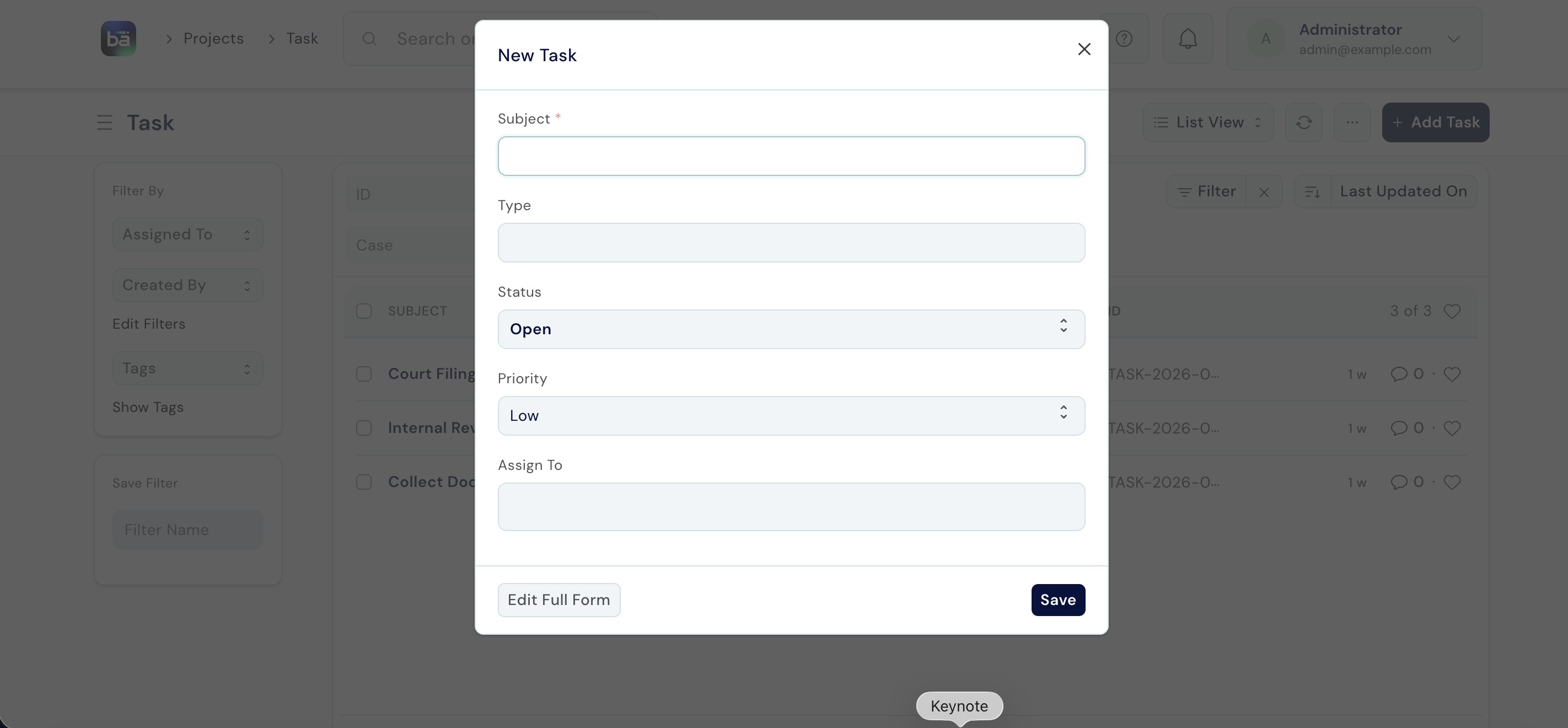 Task form inside a matter showing Subject, Assigned To, Due Date, and Status fields