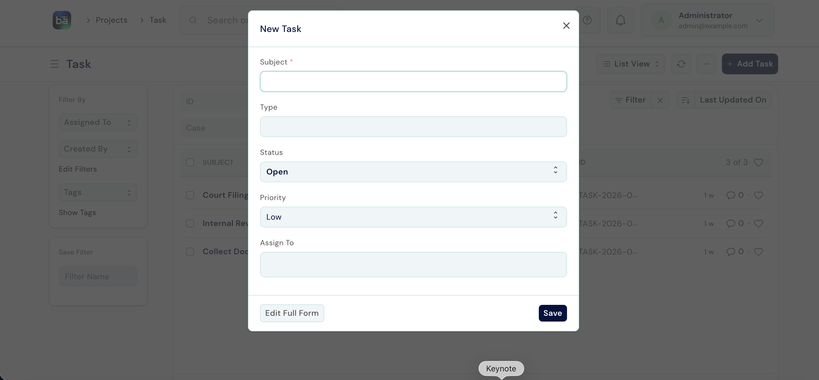 Task form inside a matter showing Subject, Assigned To, Due Date, and Status fields