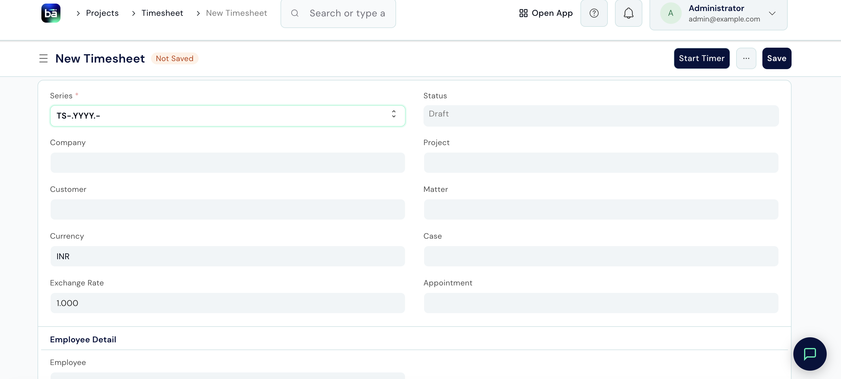 Timesheet form showing Employee, date, Activity Type, From Time, To Time, and linked matter/task fields