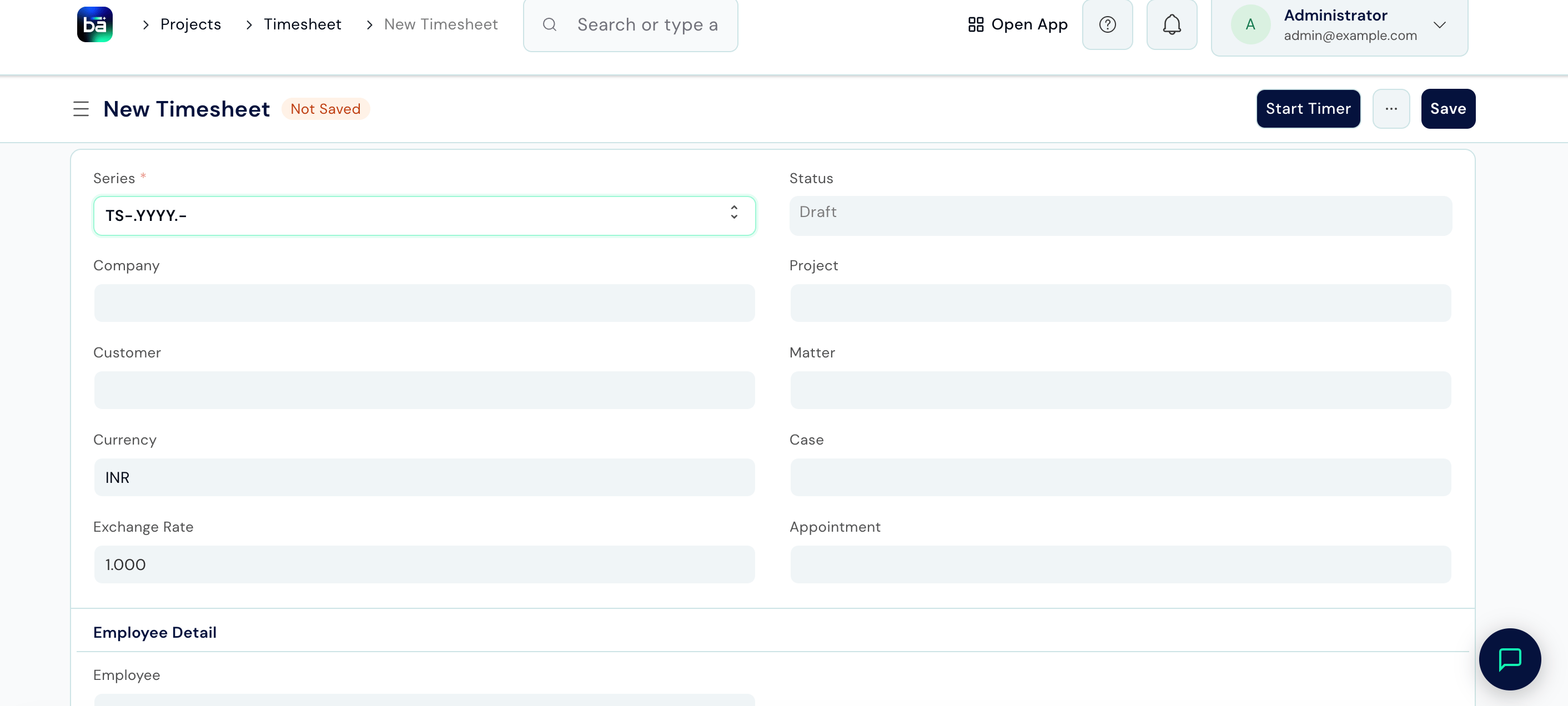 Timesheet form showing Employee, date, Activity Type, From Time, To Time, and linked matter/task fields