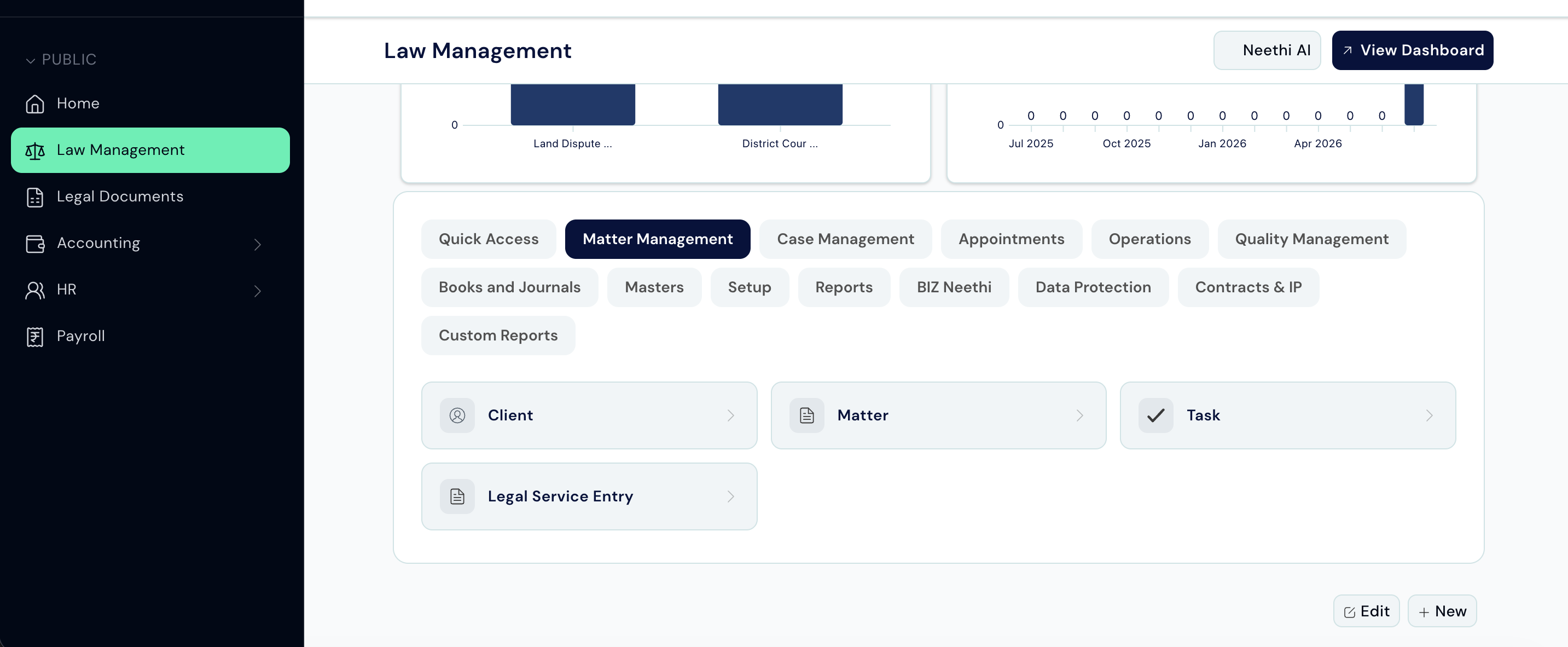 Nine card groups on the Law Management workspace: Matter Management, Case Management, Appointments, Operations, Quality Management, Books and Journals, Masters, Setup, Reports