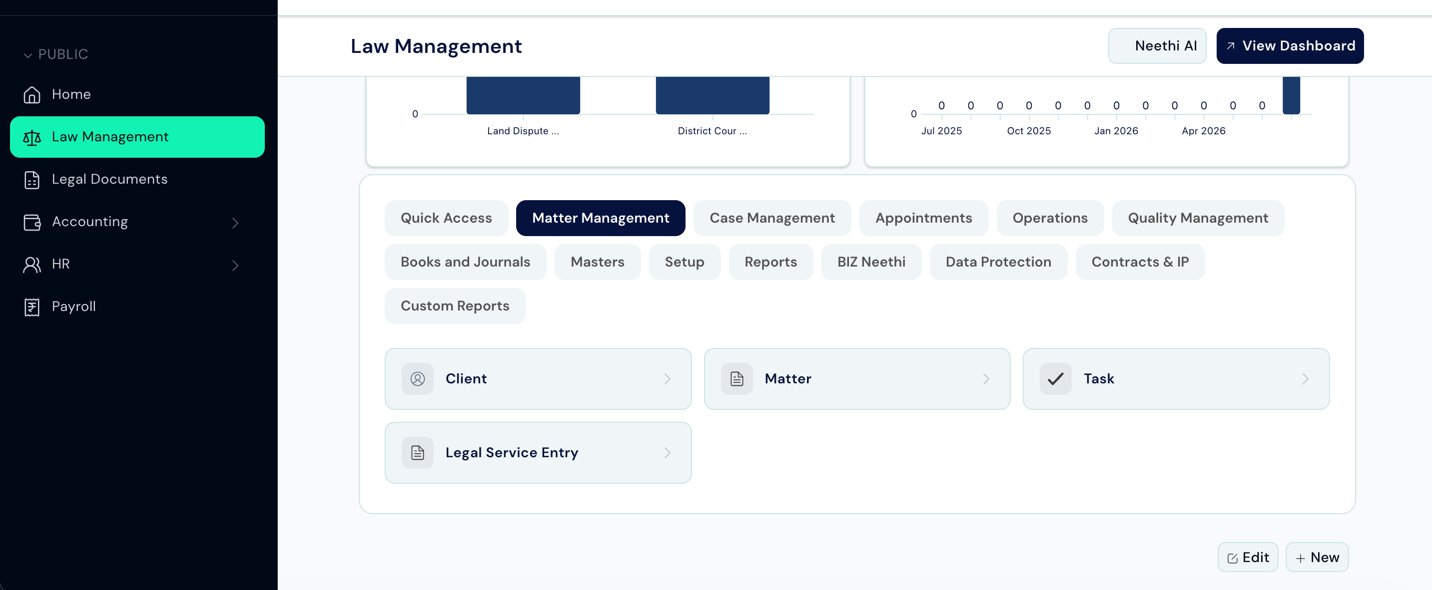 Nine card groups on the Law Management workspace: Matter Management, Case Management, Appointments, Operations, Quality Management, Books and Journals, Masters, Setup, Reports