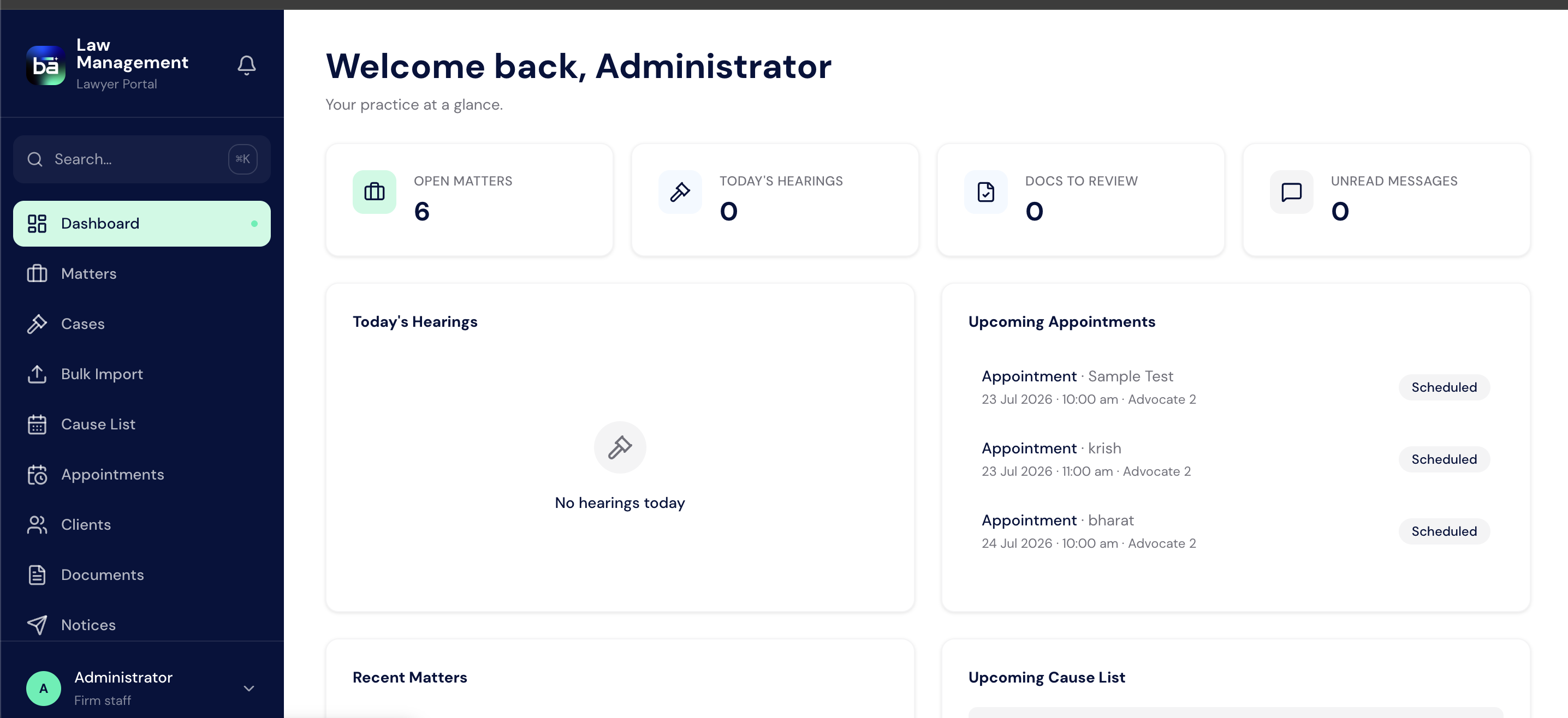 Six shortcut tiles across the top of the Law Management workspace showing live counts for Clients, Matters, Cases, Caveats, Tasks, and Dashboard
