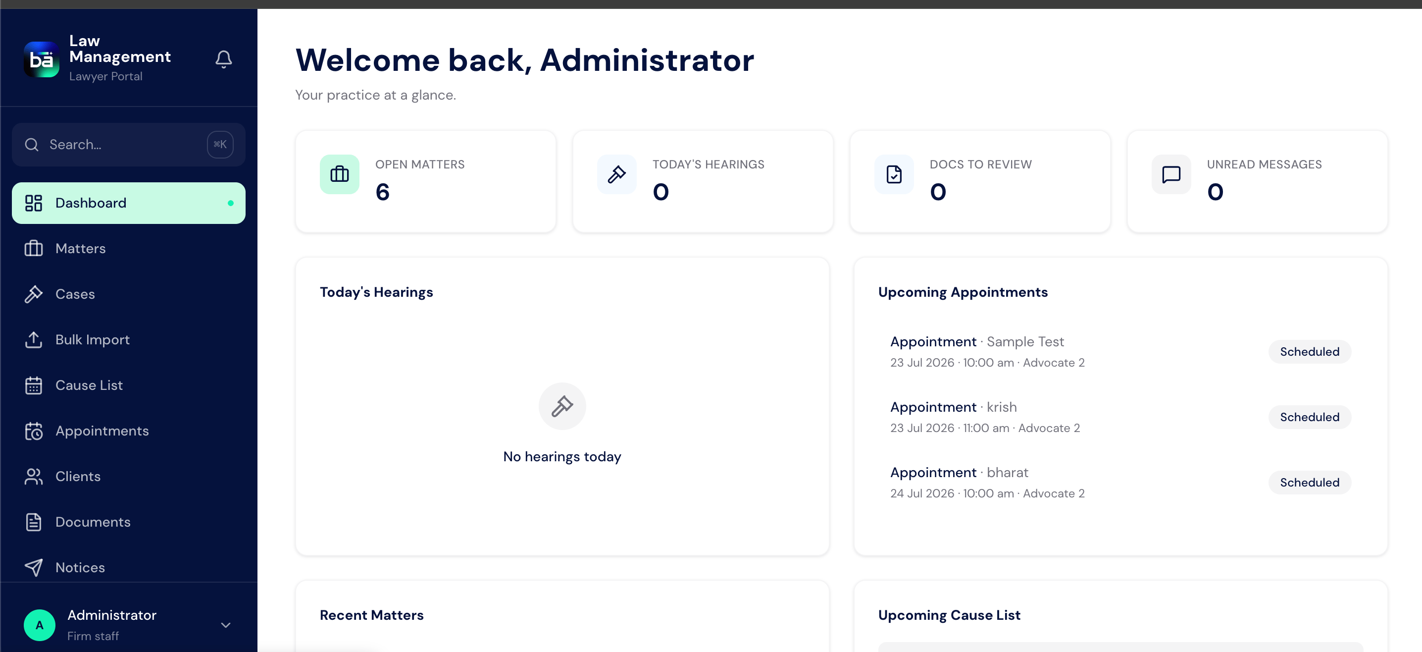 Six shortcut tiles across the top of the Law Management workspace showing live counts for Clients, Matters, Cases, Caveats, Tasks, and Dashboard