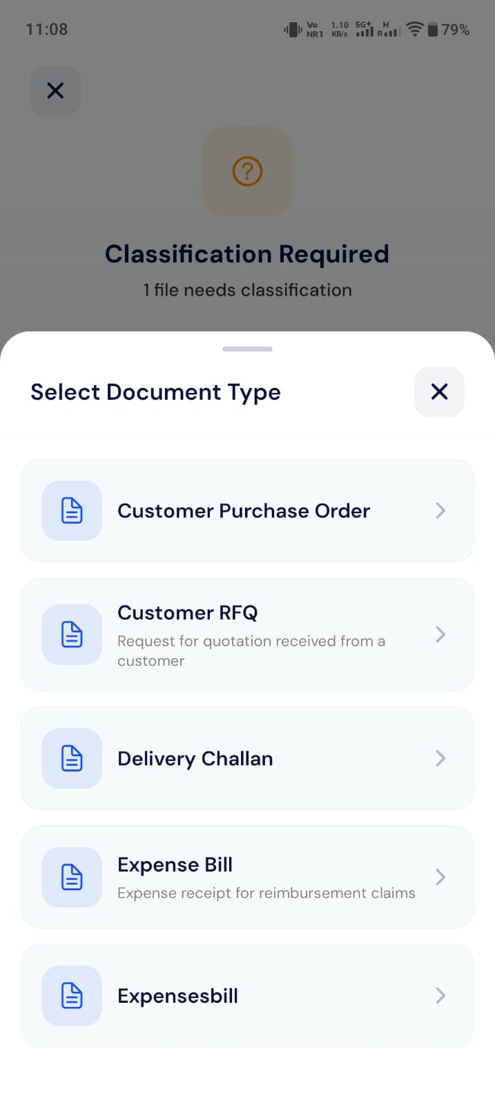 Select Document Type sheet listing available document types