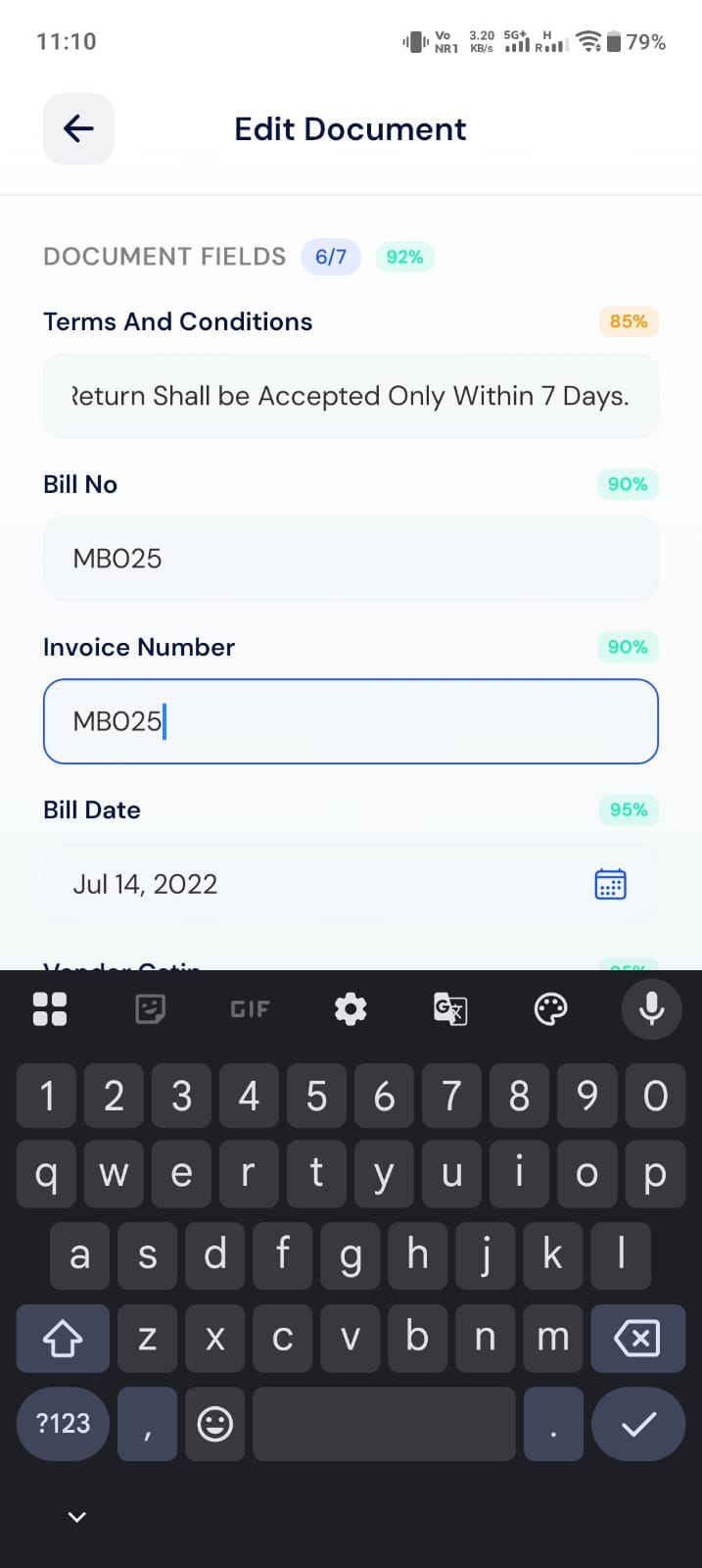 Edit Document screen with editable fields and confidence scores