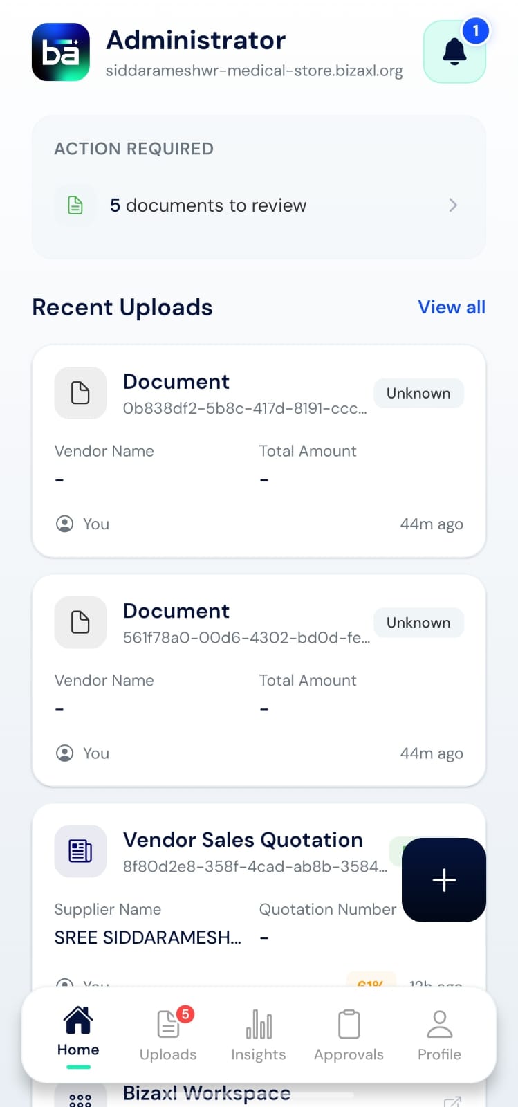 Bizaxl mobile home dashboard showing Action Required, Recent Uploads, and workspace charts