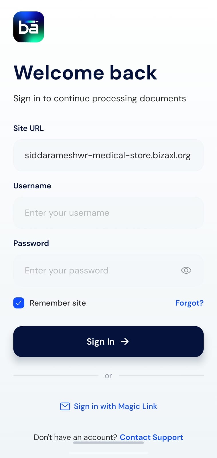 Bizaxl mobile sign in screen with site address, username, and password fields
