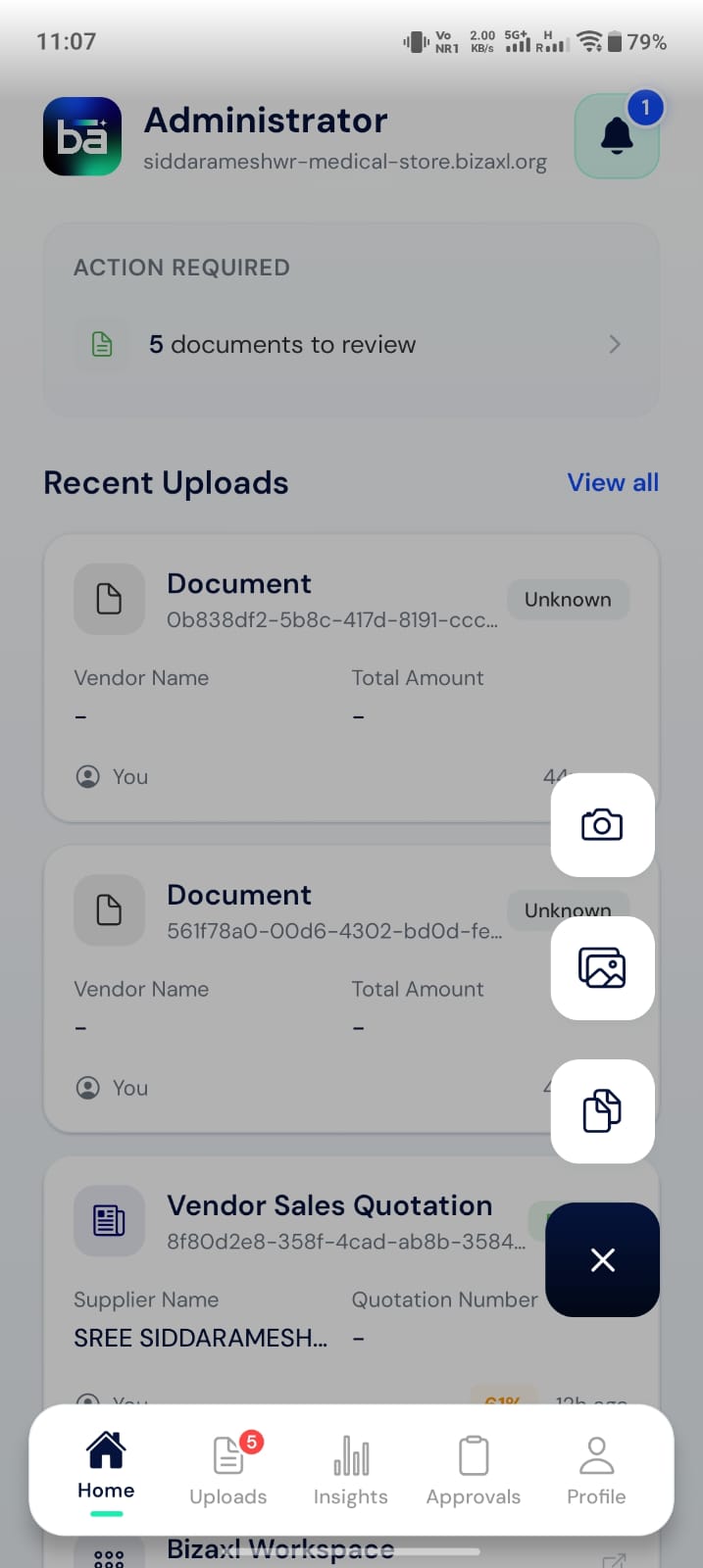 Upload menu showing Documents, Gallery, and Scan options