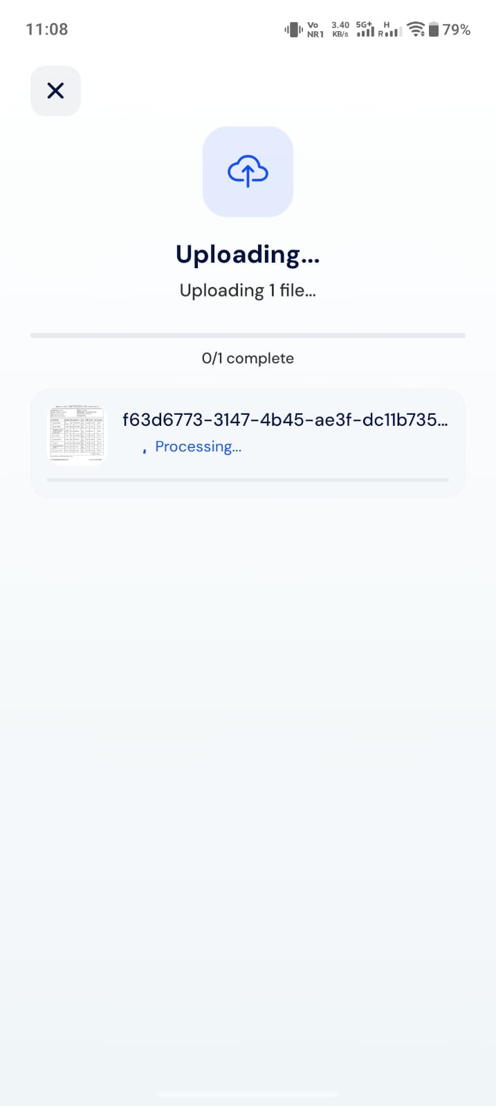 Upload progress screen showing a file uploading and processing