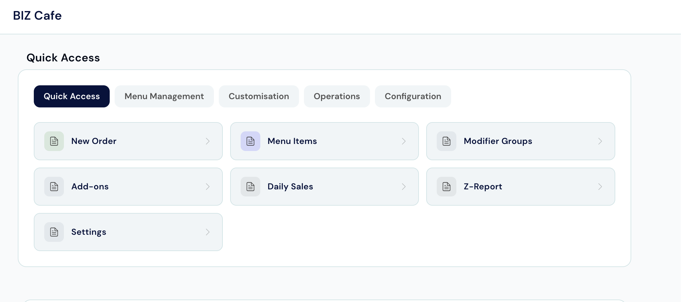 BIZ Cafe Desk workspace showing quick-access shortcuts for orders, menu management, reports, and settings