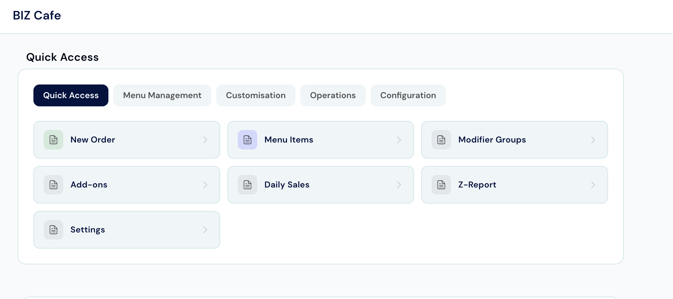 BIZ Cafe Desk workspace showing quick-access shortcuts for orders, menu management, reports, and settings