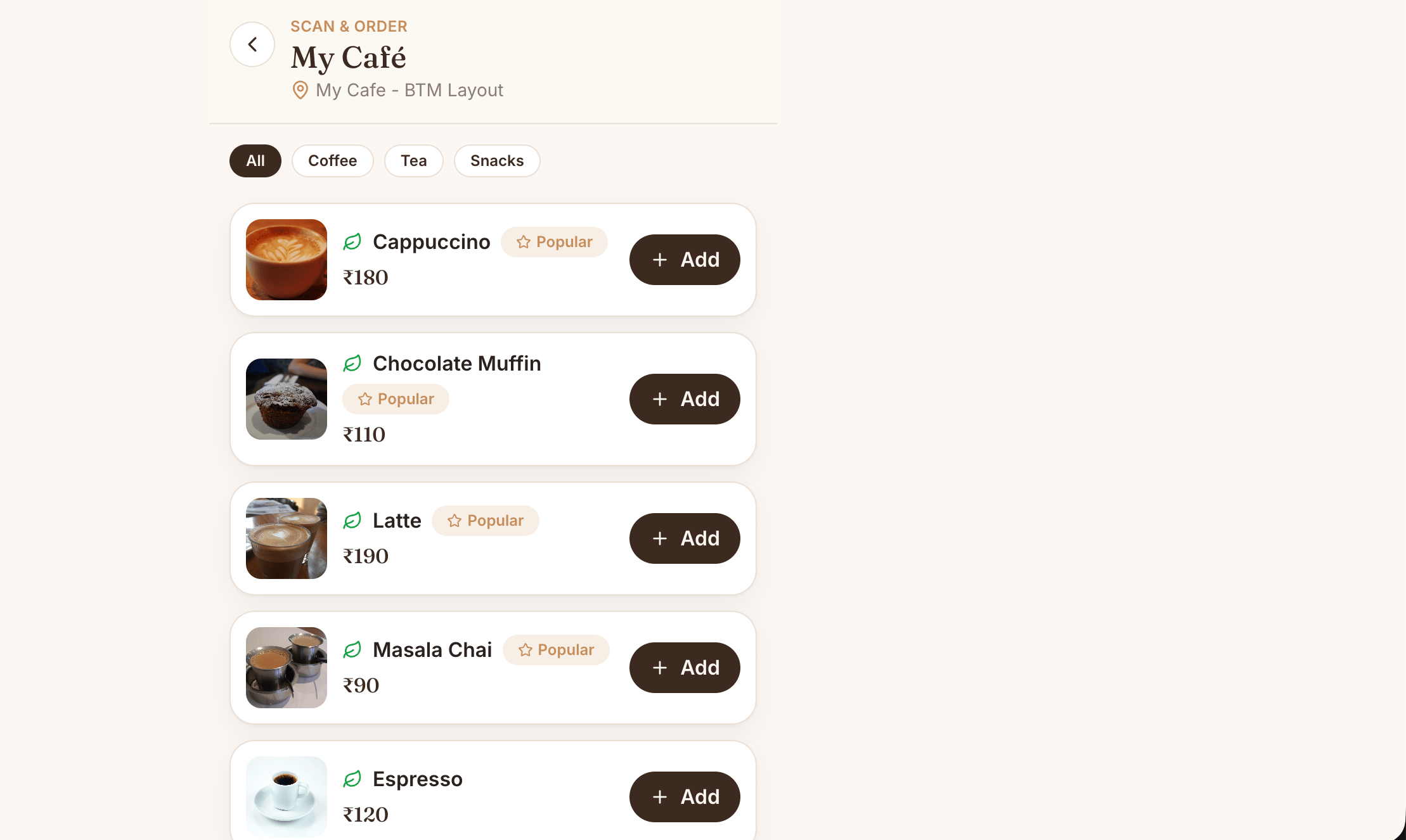 BIZ Cafe guest storefront showing menu categories and café items available to add to an order