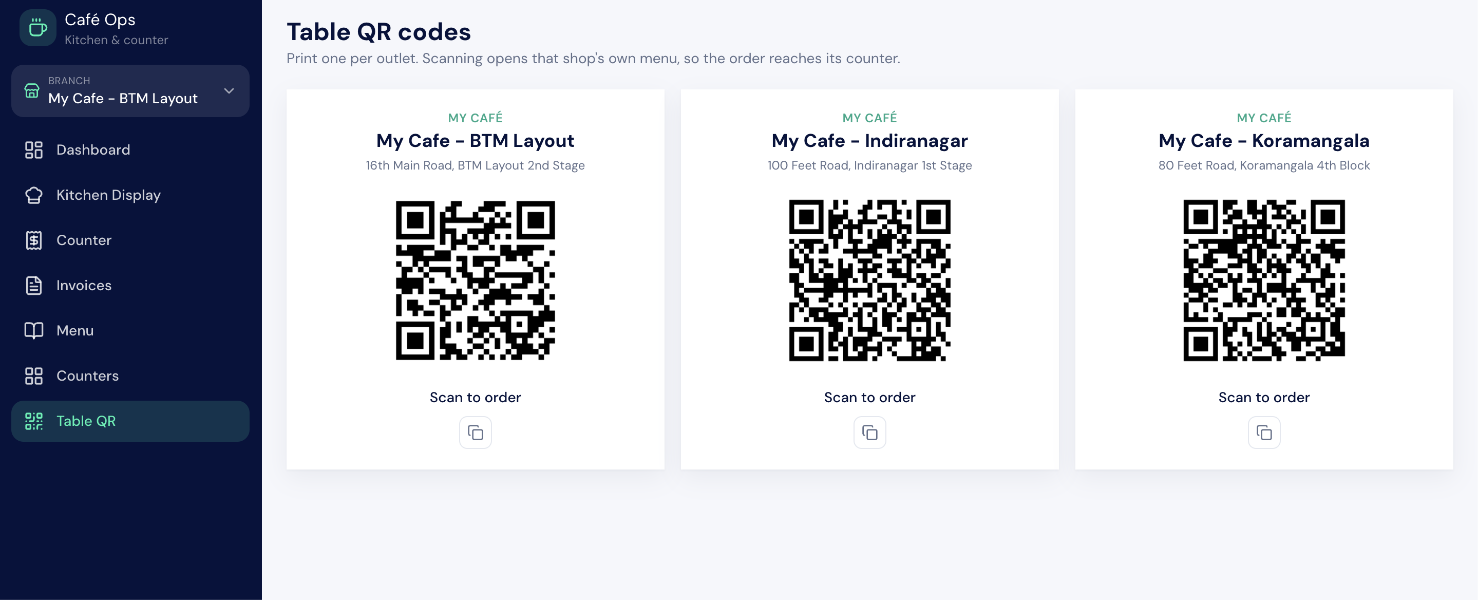 BIZ Cafe Table QR screen showing separate scan-to-order codes for the BTM Layout, Indiranagar, and Koramangala outlets