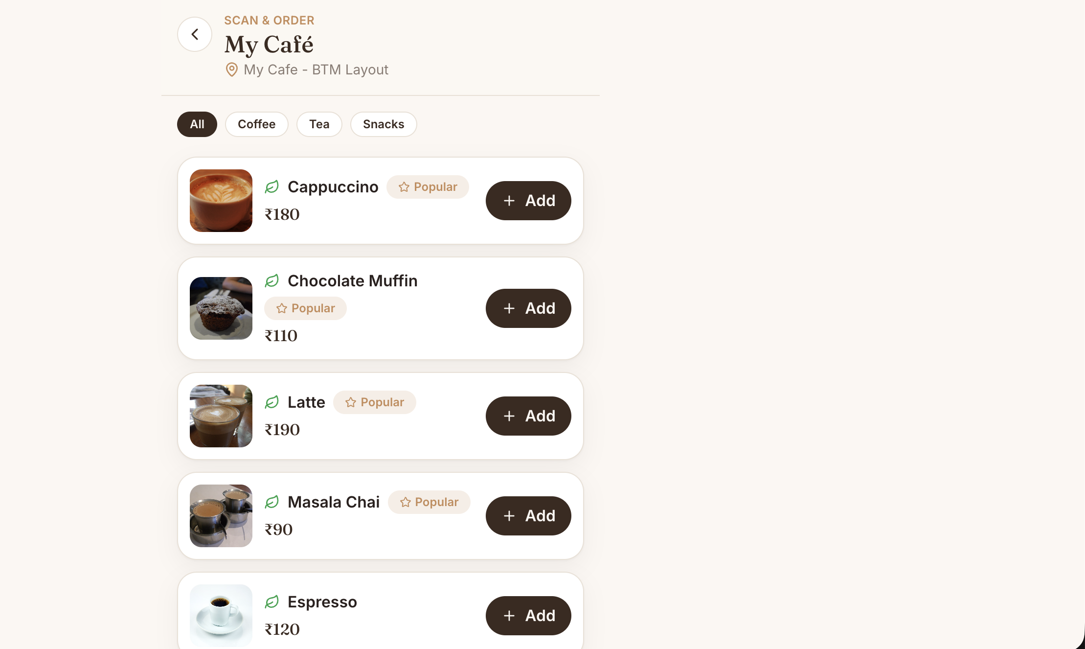 BIZ Cafe guest storefront showing menu categories, item photos, prices, and Add buttons