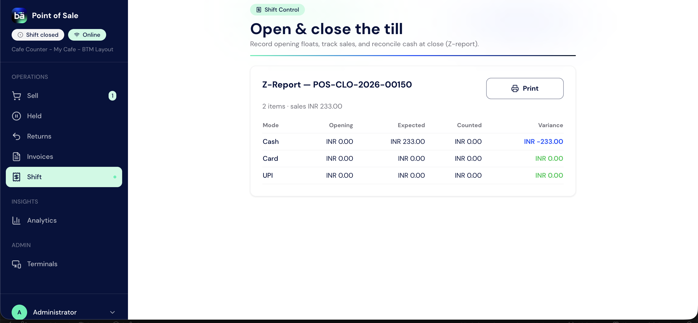 BIZ Cafe Z-Report showing opening, expected, counted, and variance amounts by payment mode