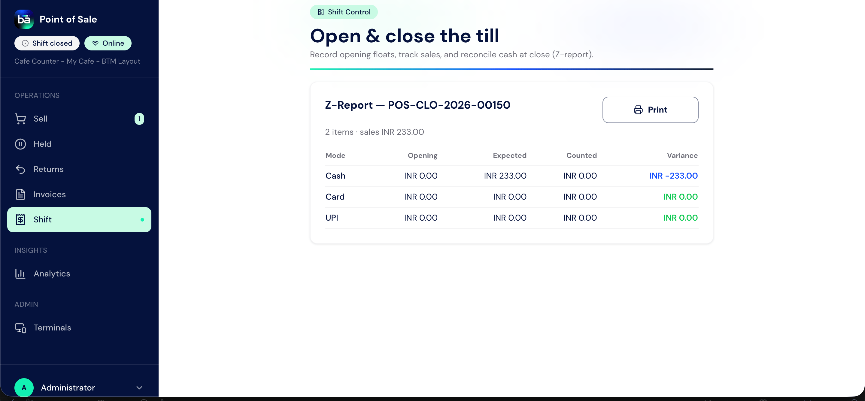 BIZ Cafe Z-Report showing opening, expected, counted, and variance amounts by payment mode