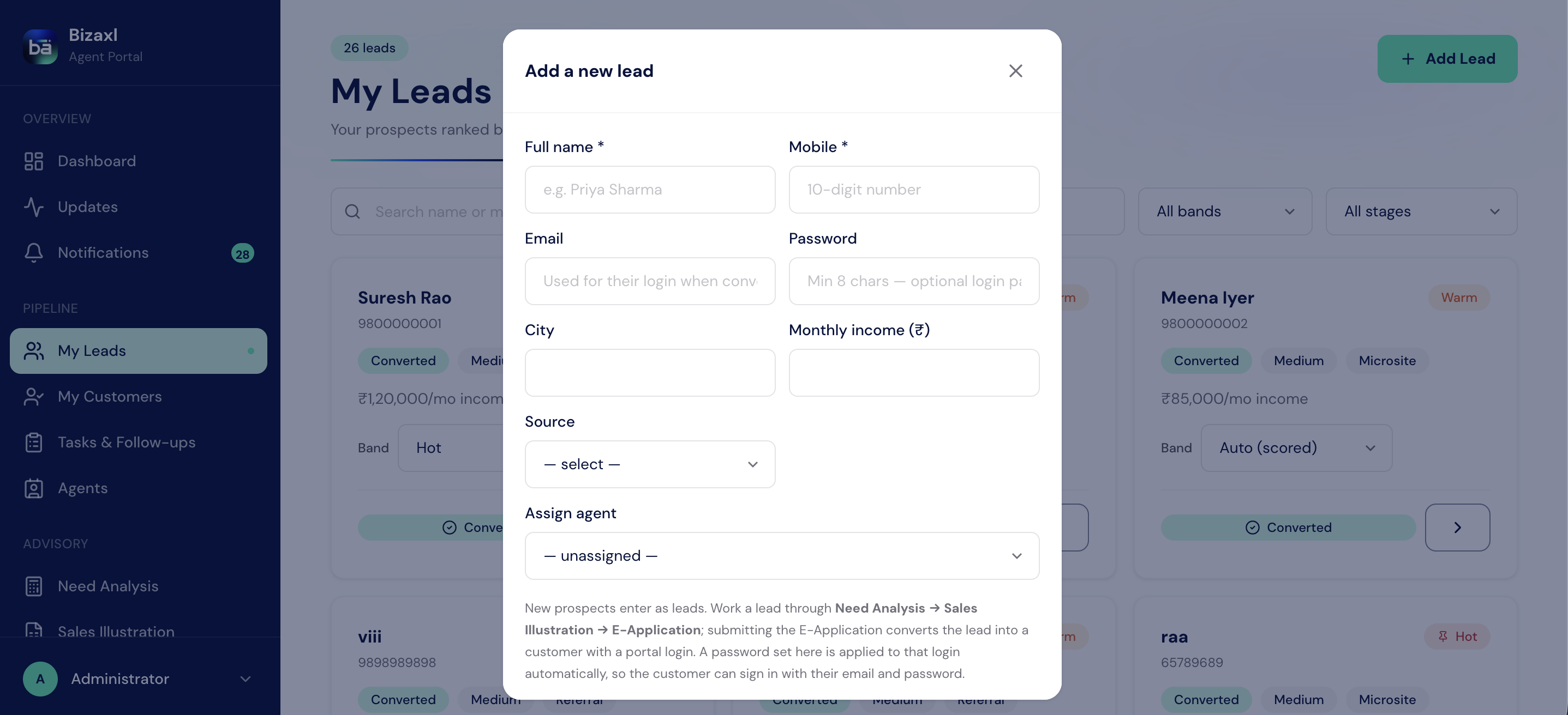 The Add a new lead form in the advisor portal.