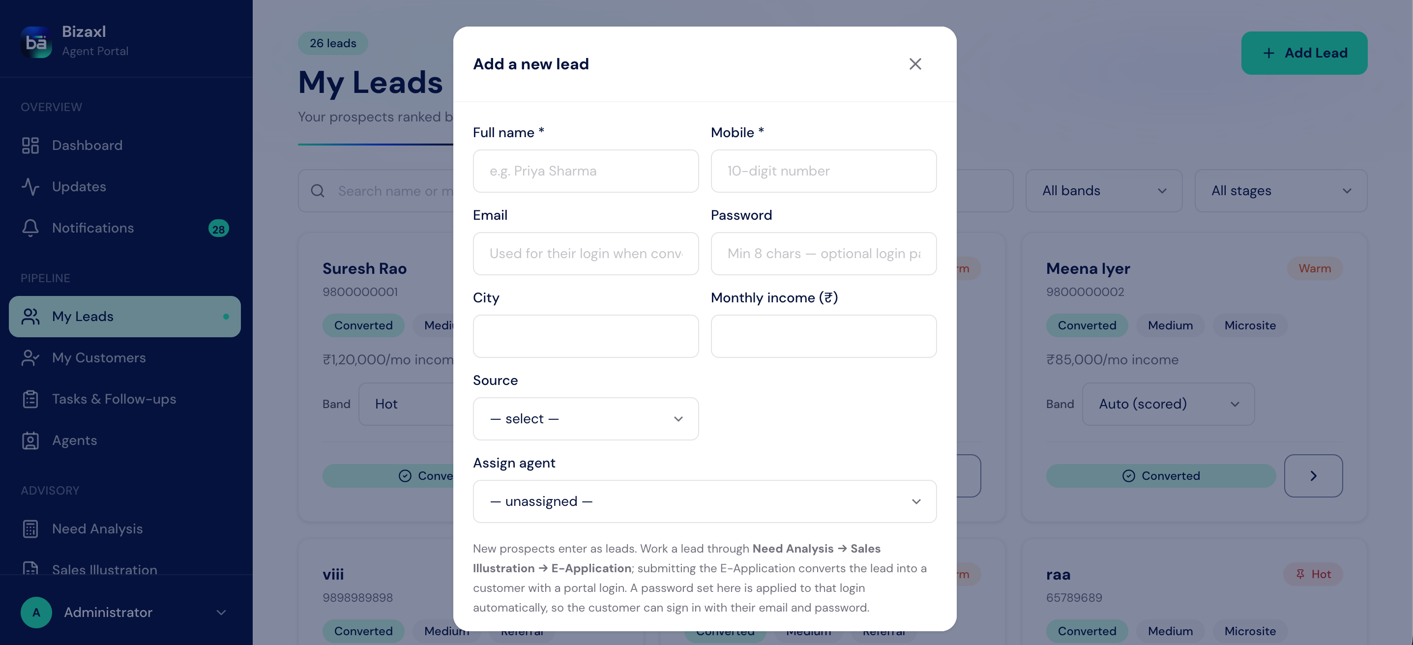 The Add a new lead form in the advisor portal.