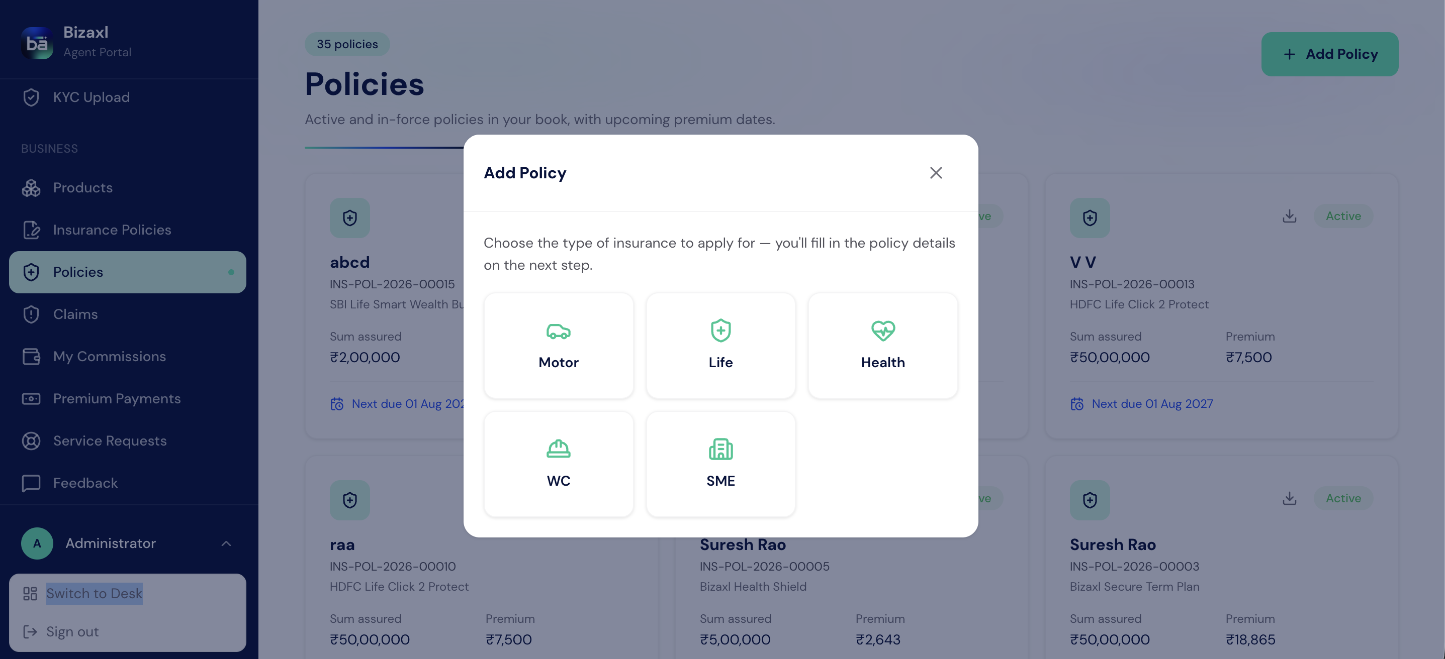 The Add Policy dialog showing Motor, Life, Health, Workers' Compensation, and SME insurance options.