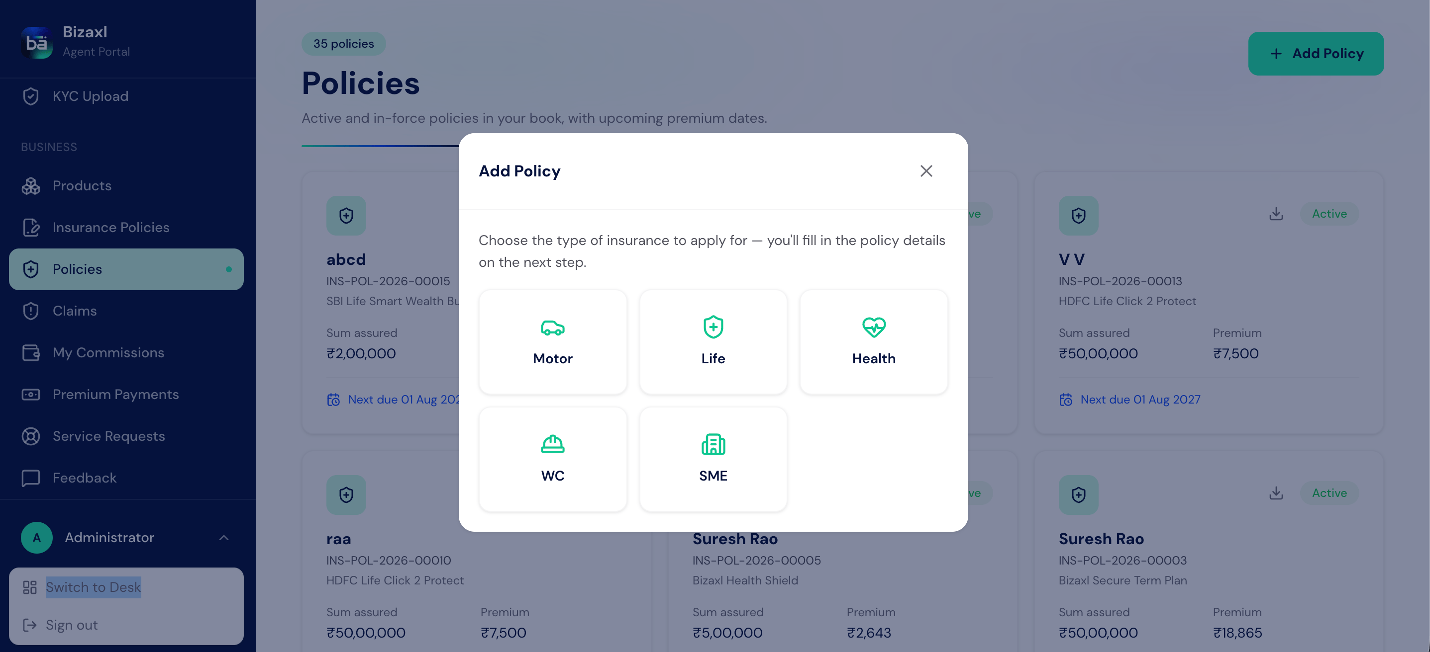 The Add Policy dialog showing Motor, Life, Health, Workers' Compensation, and SME insurance options.