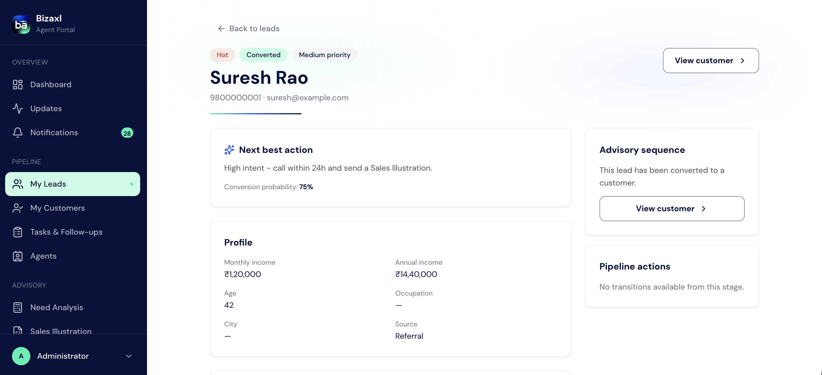 A converted lead's detail page showing profile information, the next best action, advisory sequence, and pipeline actions.