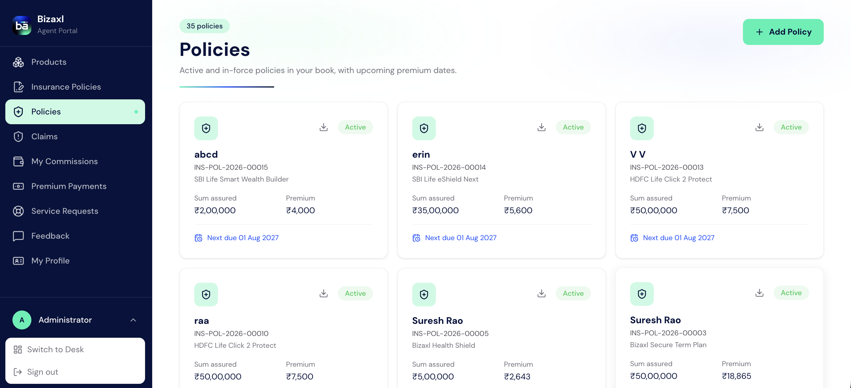 The Policies page showing active policies with customer, policy number, product, sum assured, premium, and next due date.