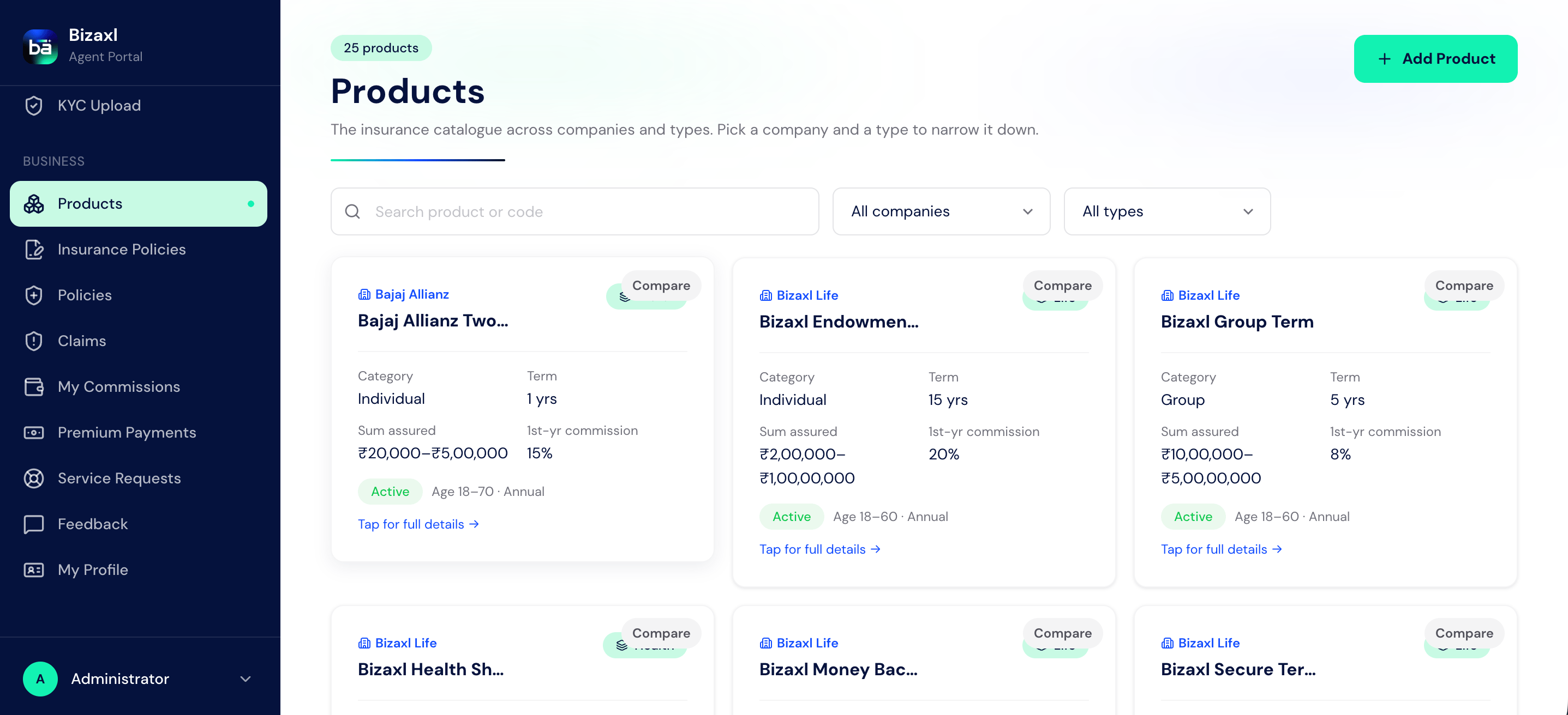 The Products catalog showing insurance plans with company and type filters, coverage details, commissions, and comparison controls.