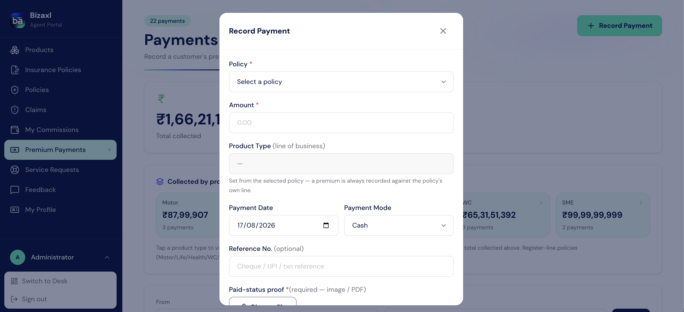 The Record Payment form with policy, amount, product type, payment date, payment mode, reference number, and proof fields.