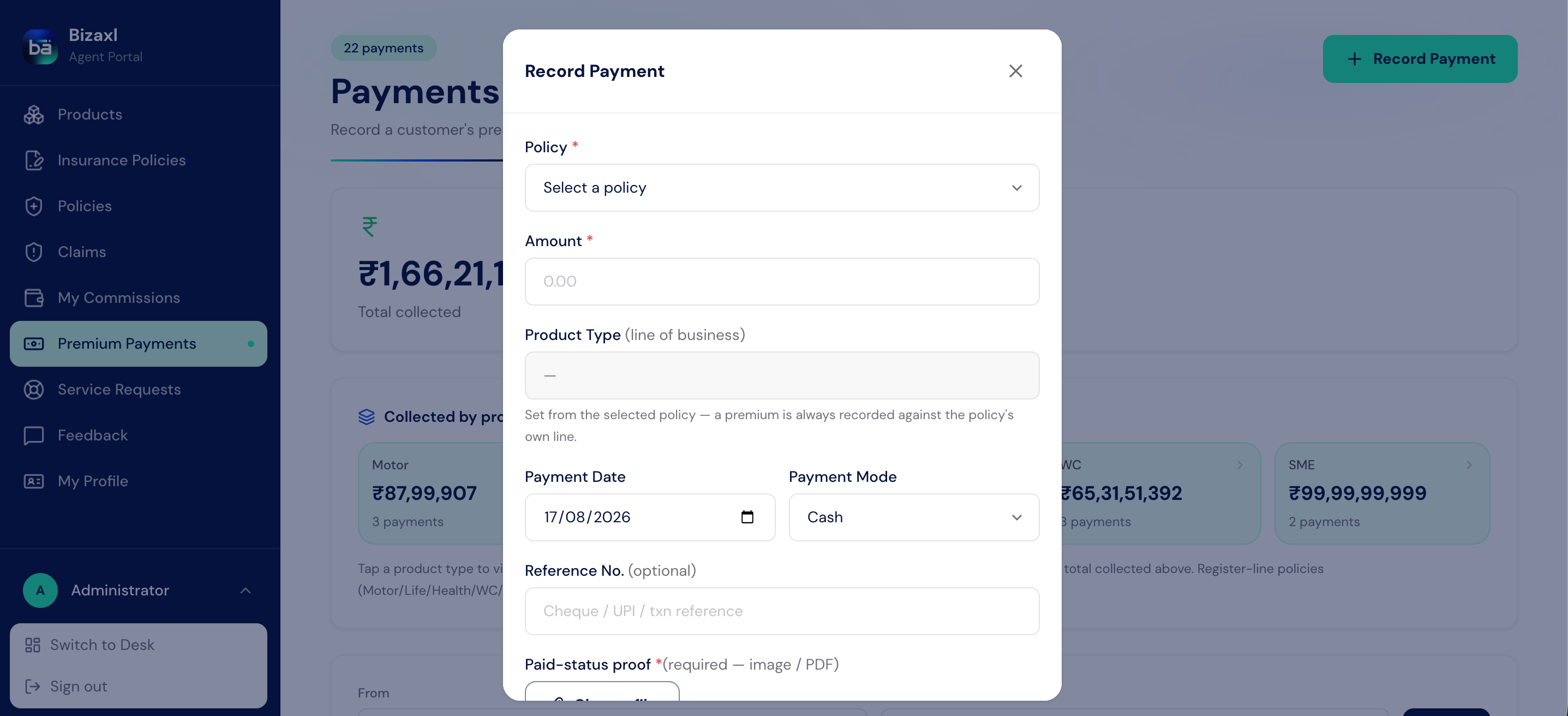 The Record Payment form with policy, amount, product type, payment date, payment mode, reference number, and proof fields.